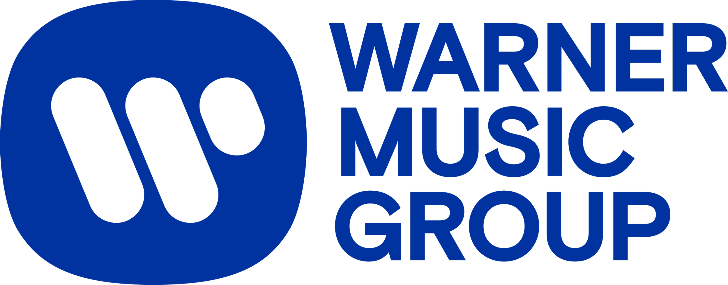Warner Music Group logo with a large blue circle, black 'W' and 'M' inside the circle, and the text 'Warner Music Group' in blue to the right of the circle.