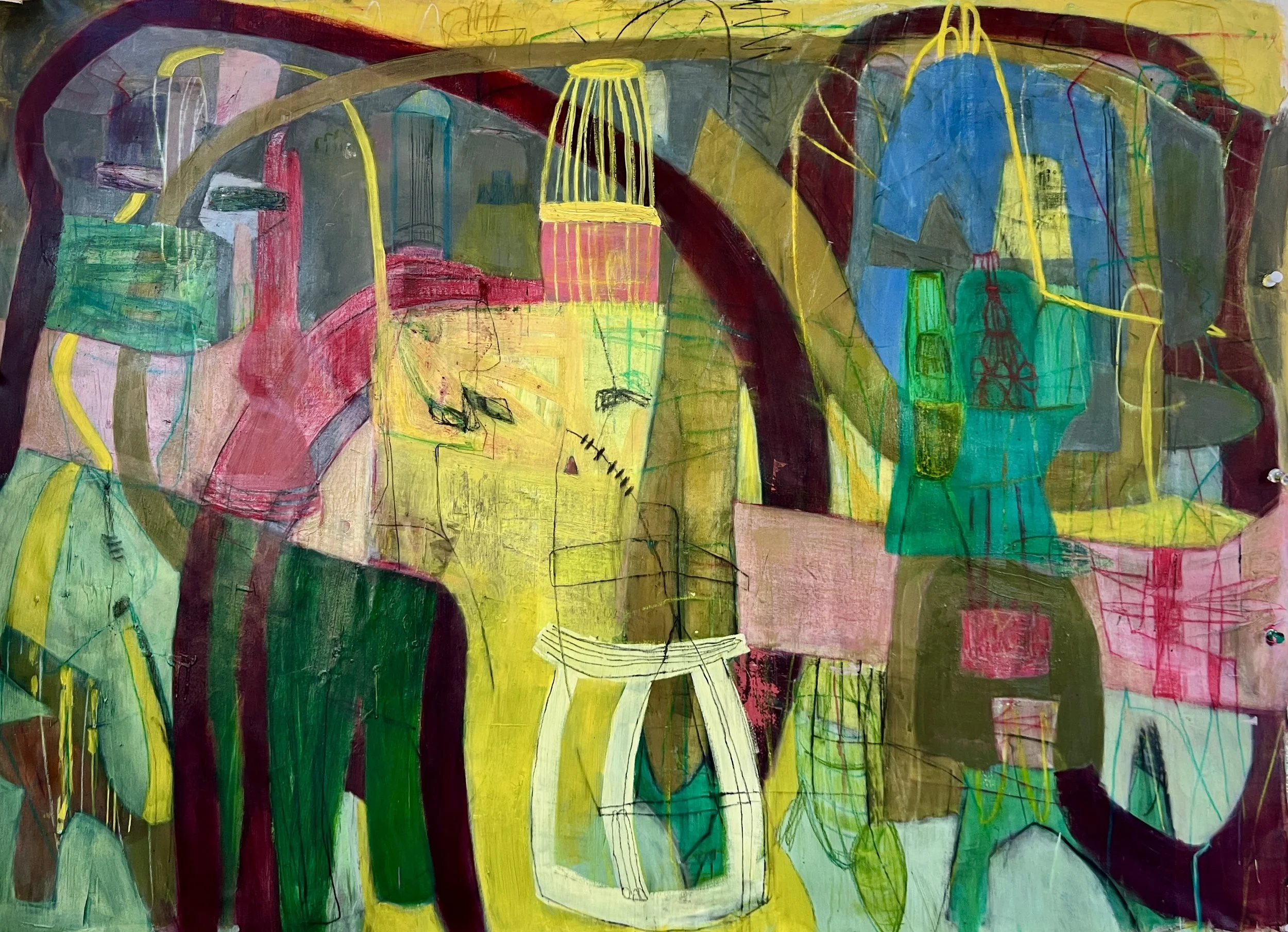 Bird Cage. 2025. Acrylic, graphite, pastel, ink, crayon on canvas — 64” x 88”
