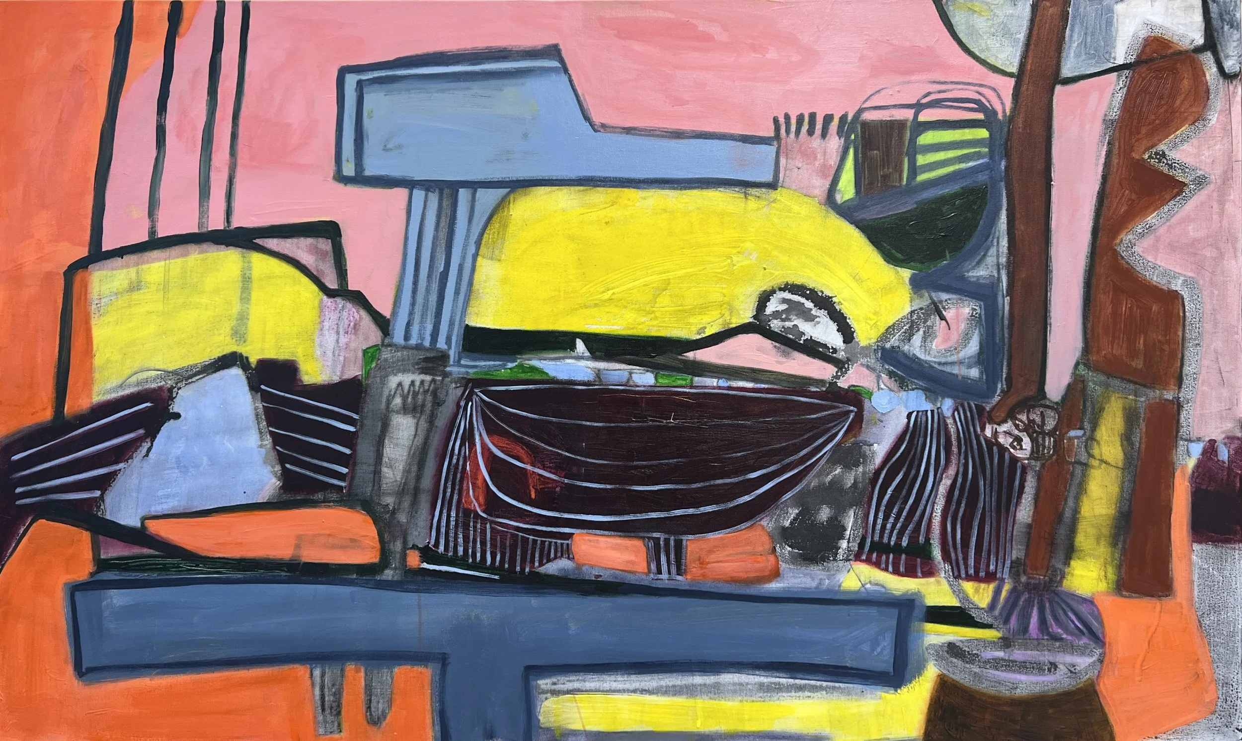 Catapult. 2026. Graphite, ink, pastel, acrylic on canvas — 36 x 48 in.