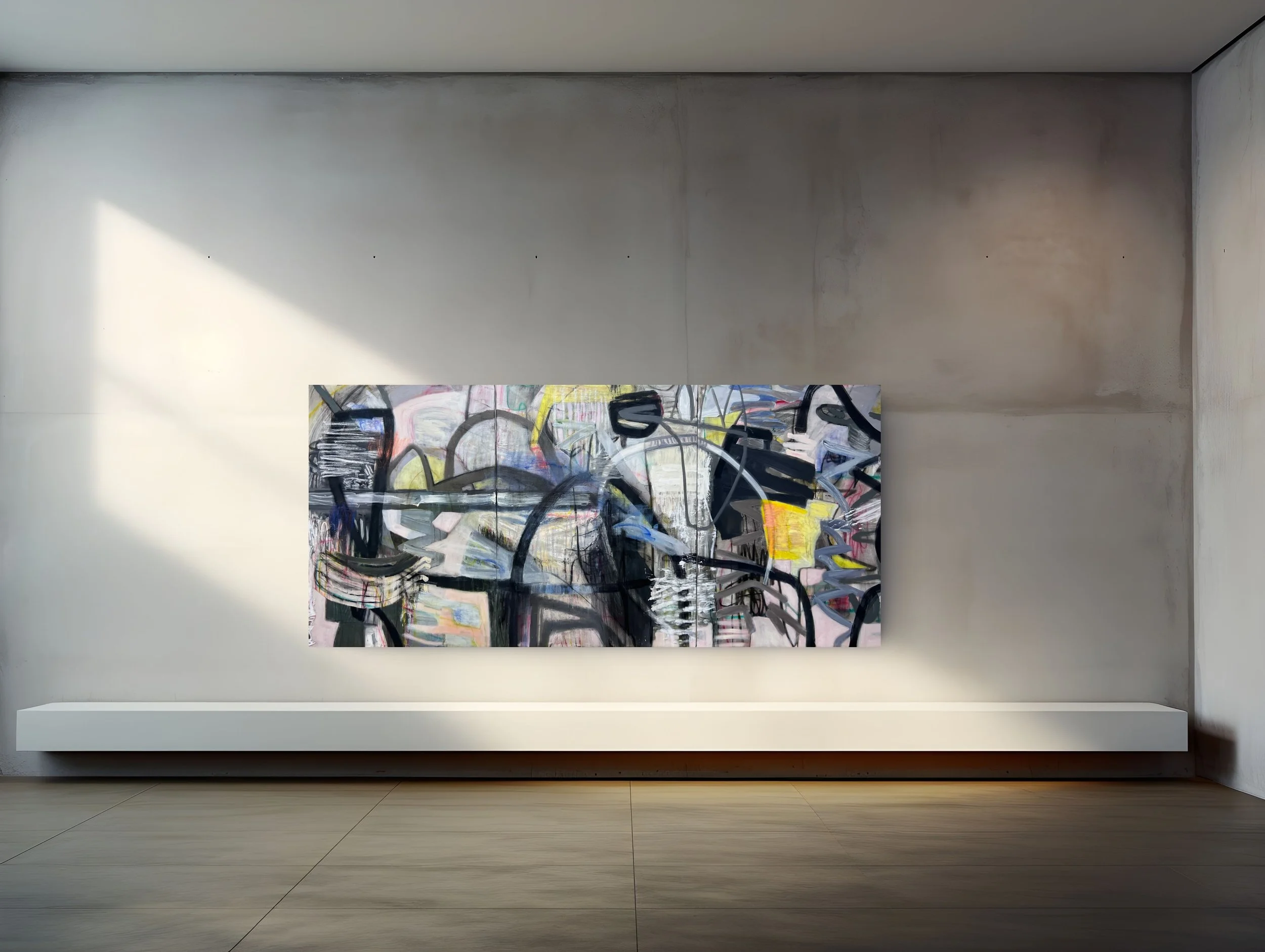 Mousetrap. 2025. Mixed media on canvas - 40” x 90”.
