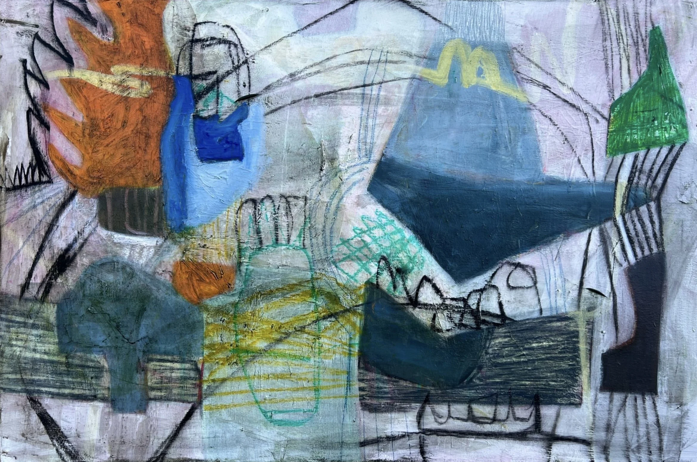 Your Serve. 2025. Acrylic, graphite, pastel, ink, crayon on canvas — 30in x 40 in