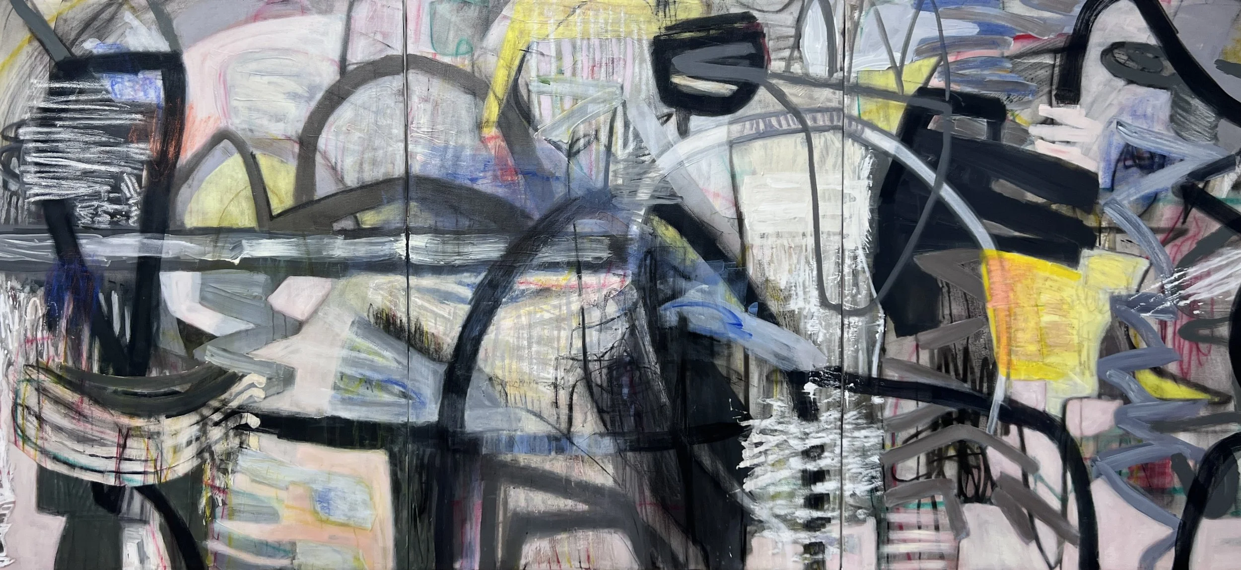 Mousetrap. 2025. Mixed media on canvas. 40” x 90”