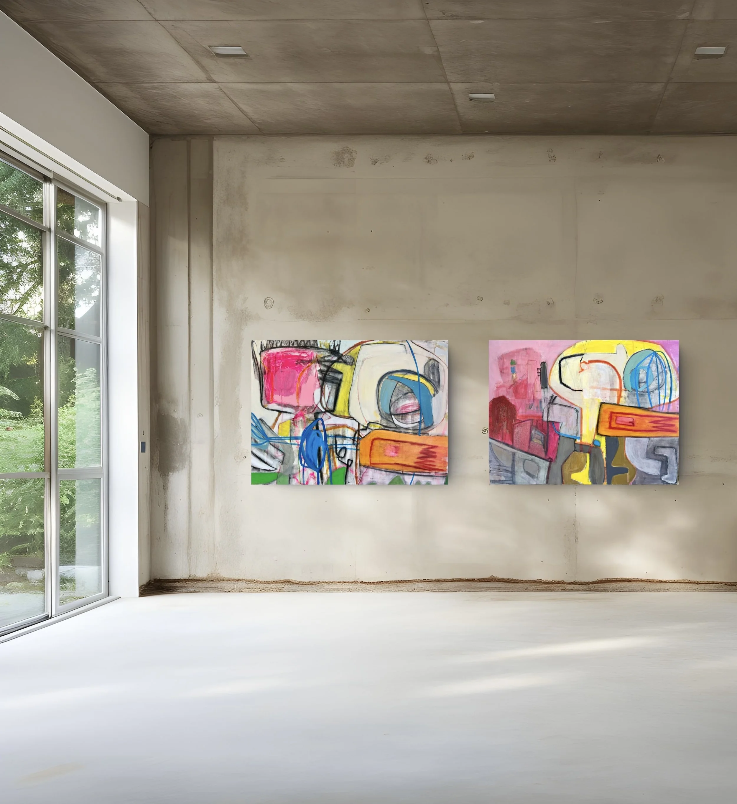 Living Room & City Living. 2025. Mixed media on canvas - 36” x 48”.