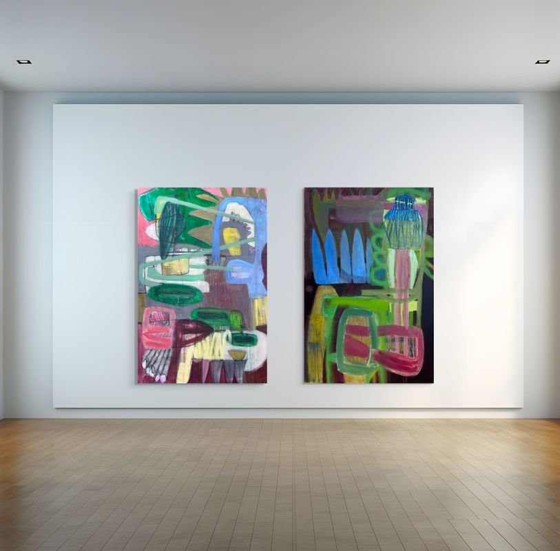Stepping Out & Crisis of Glory. 2025. Mixed media on canvas — 60” x 40” each.