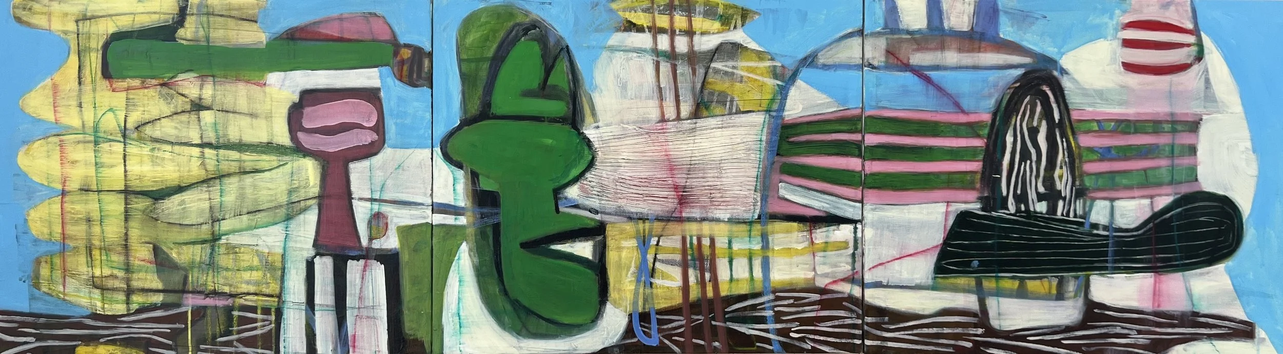 A Day At The Beach. 2026. Mixed media on canvas - 20” x 72”.
