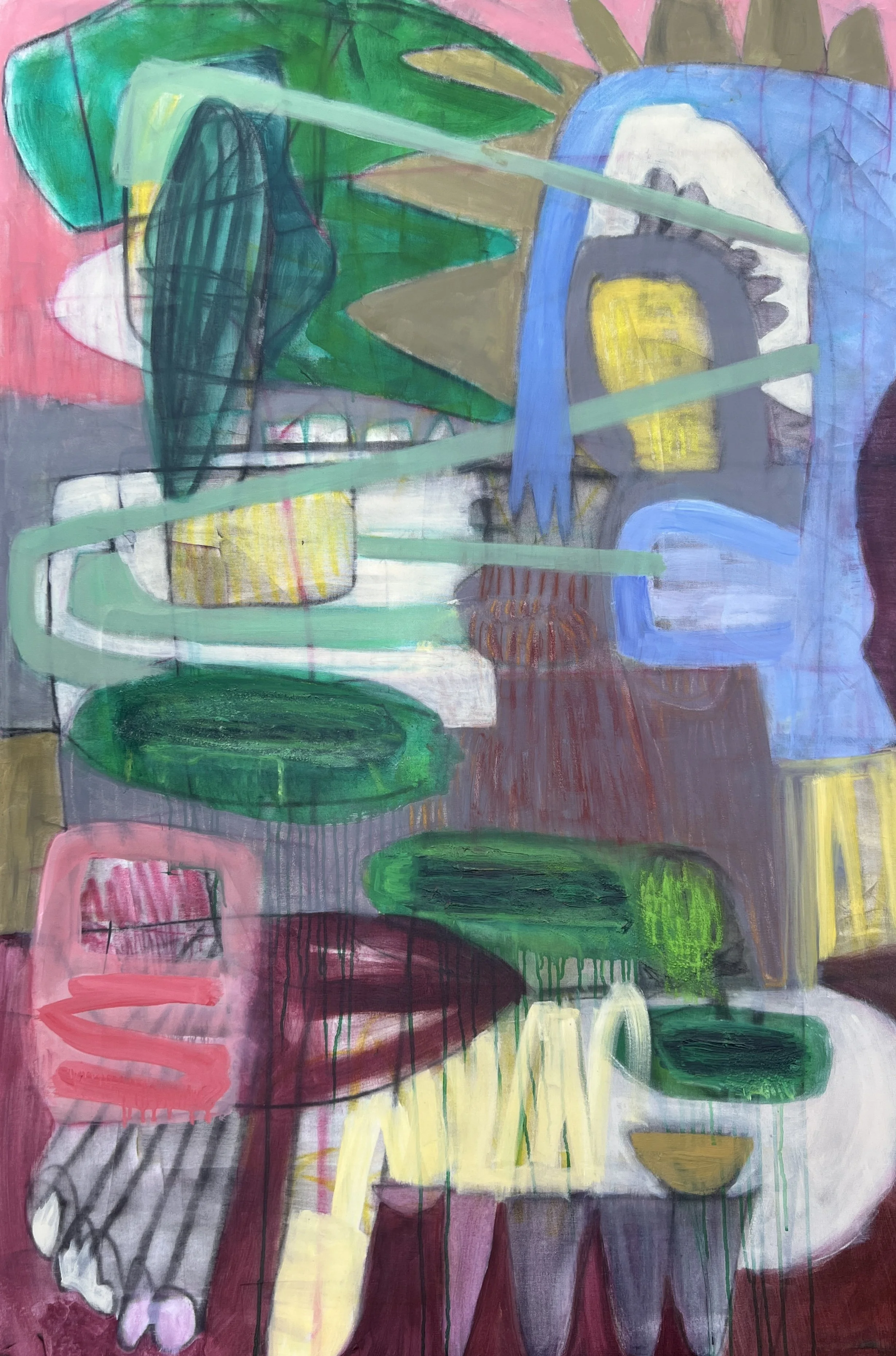 Stepping Out. 2025. Acrylic, graphite, pastel, ink, crayon on canvas — 60in x 40in