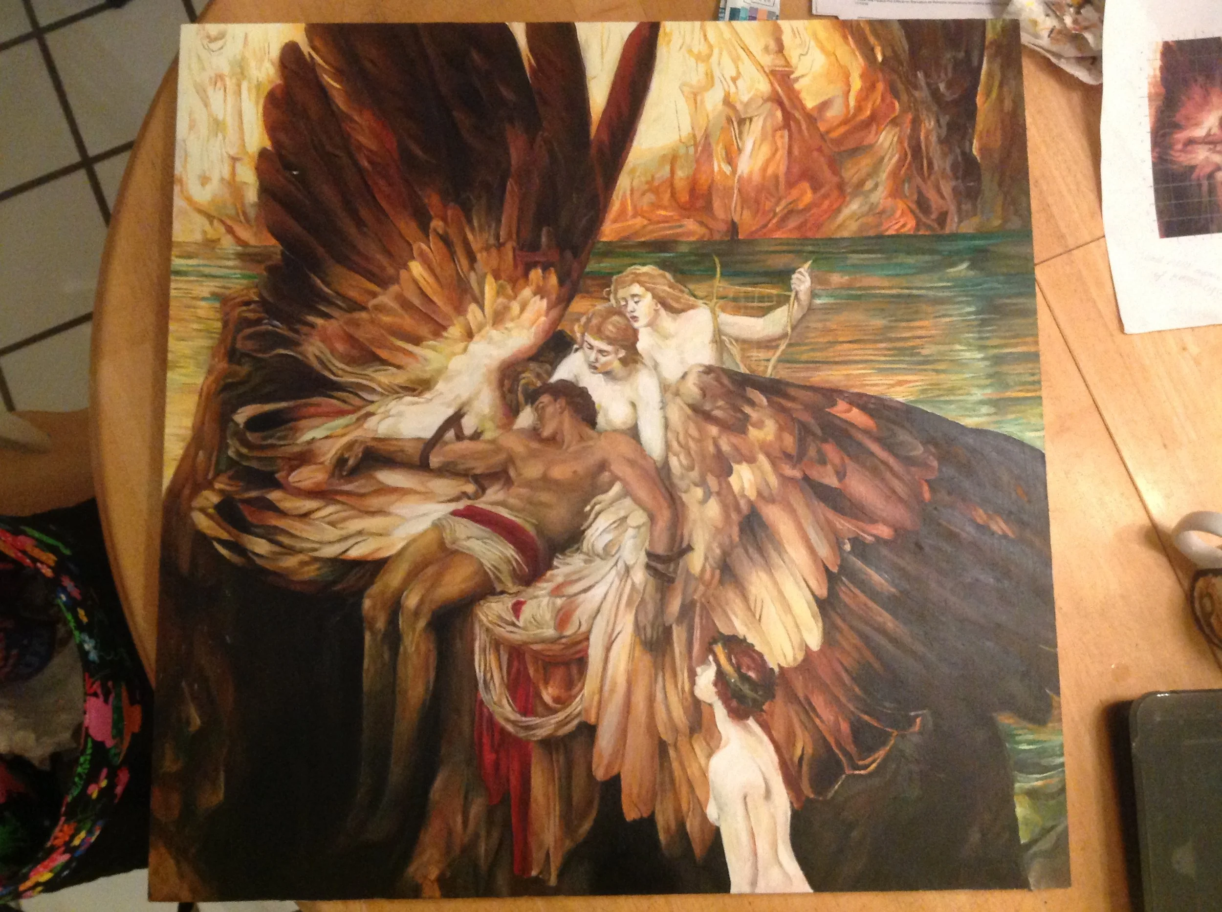 Study of "The Lament of Icarus" by Herbert James Draper (1898) on ceiling tile (2015)