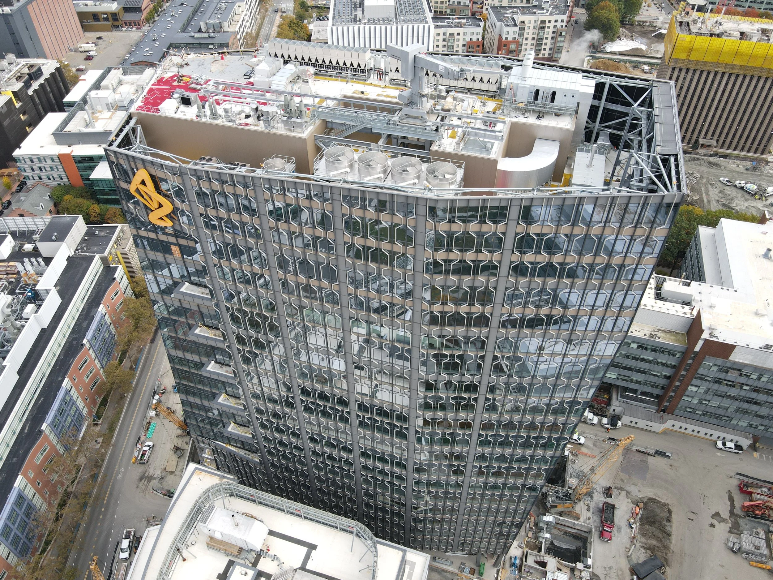 290 Binney Street Under Construction, with a view of the AstraZeneca Logo