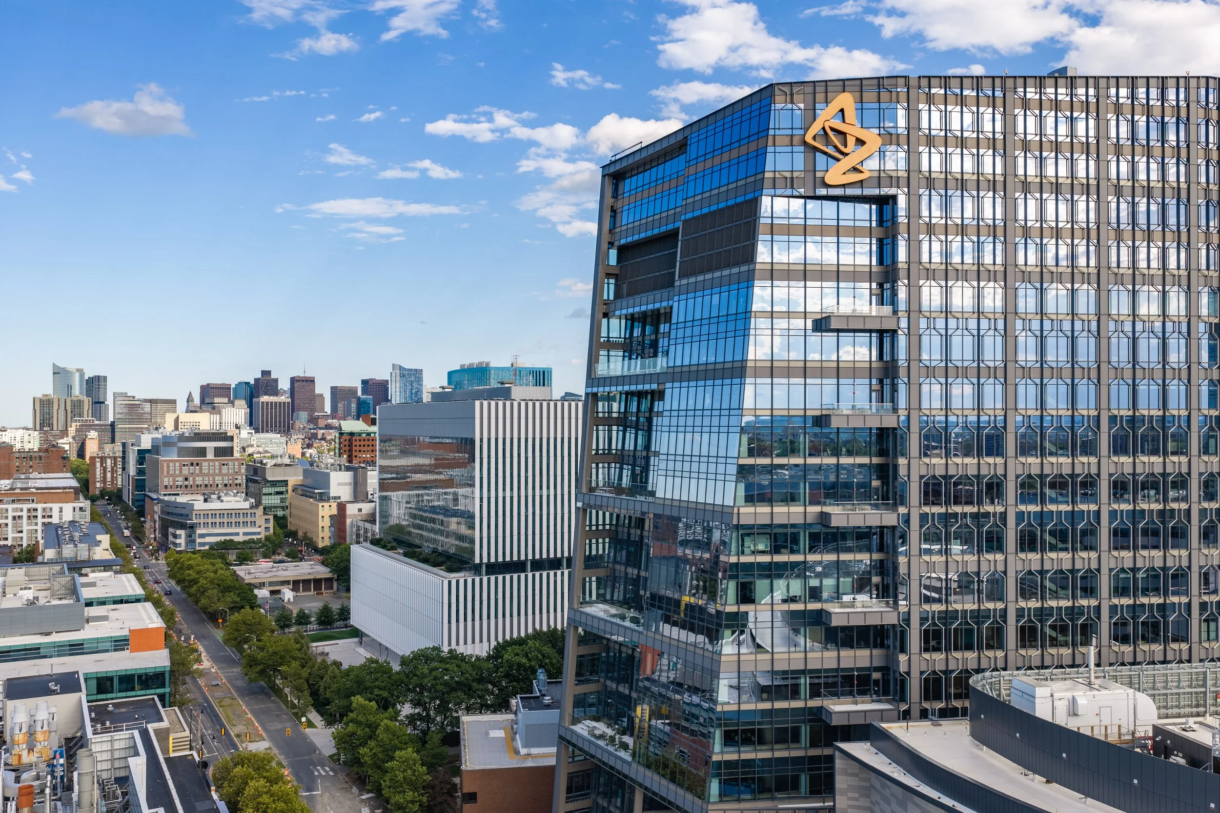 Photograph of the building at 290 Binney Street, seen from the air. Image Credit: Aram Boghosian