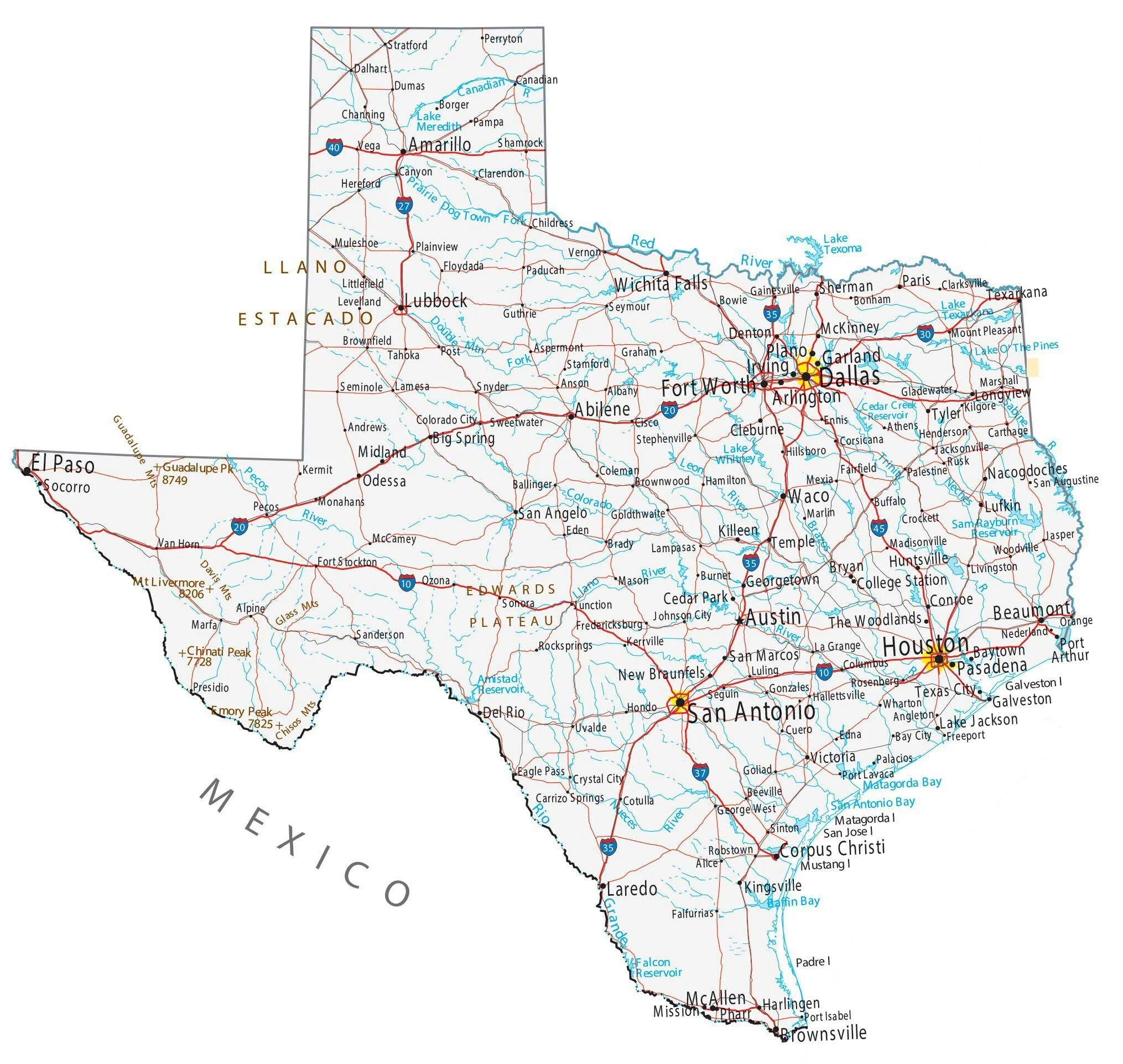 Map of Texas showing major cities, highways, rivers, and landmarks, including Dallas, Houston, San Antonio, Austin, El Paso, and the Texas border with Mexico.