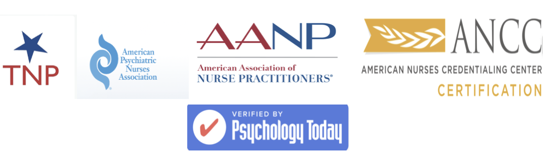 Logos of various nursing and healthcare certification organizations including TNP, American Psychiatric Nurses Association, ANAP, ANCC Certification, and Psychology Today.