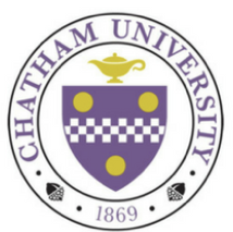 Chatham University logo featuring a shield with a lamp, a checkerboard pattern, and three yellow symbols, surrounded by the university name and founded year 1869.