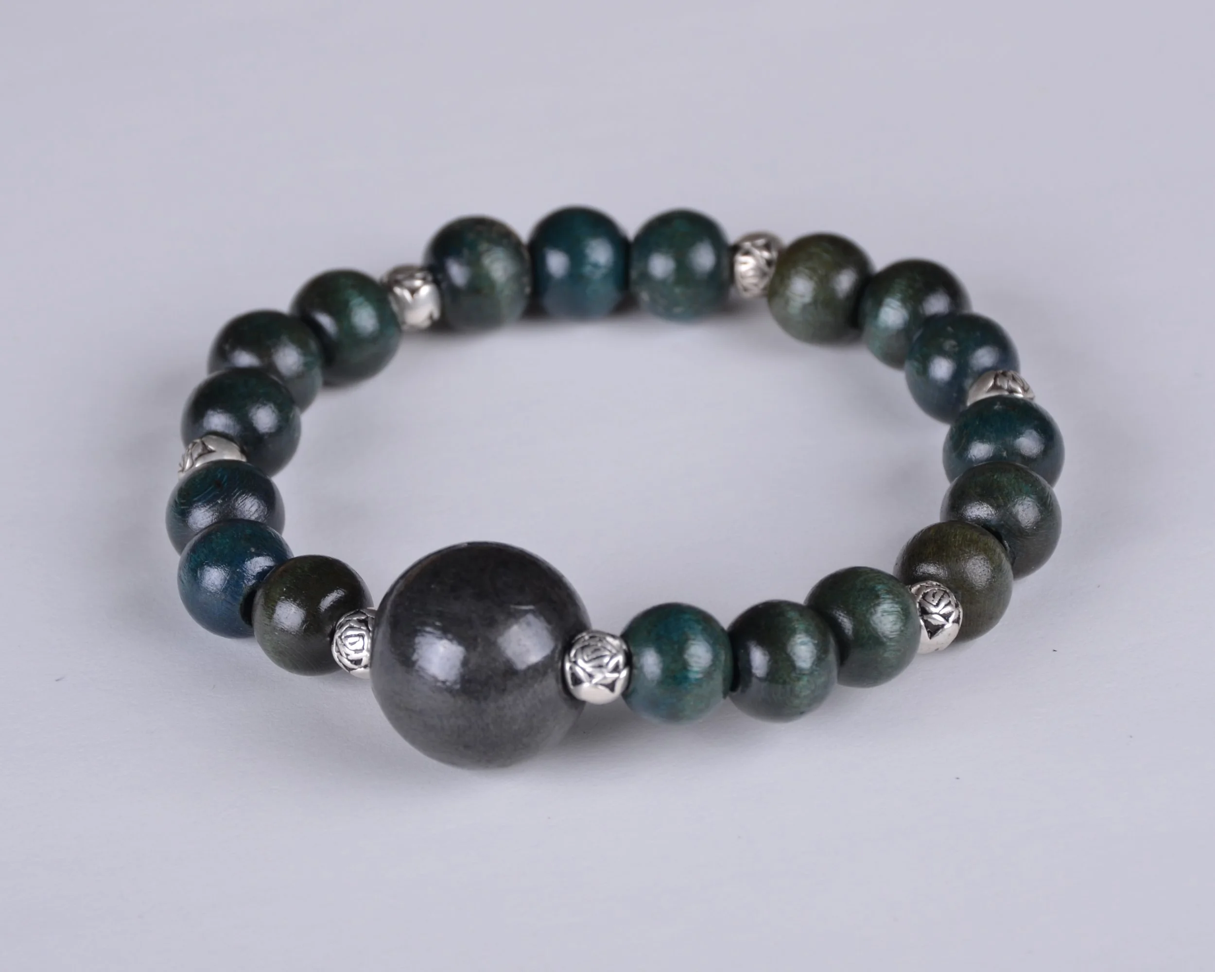 Dark Green & Silver Rose Bead Bracelet