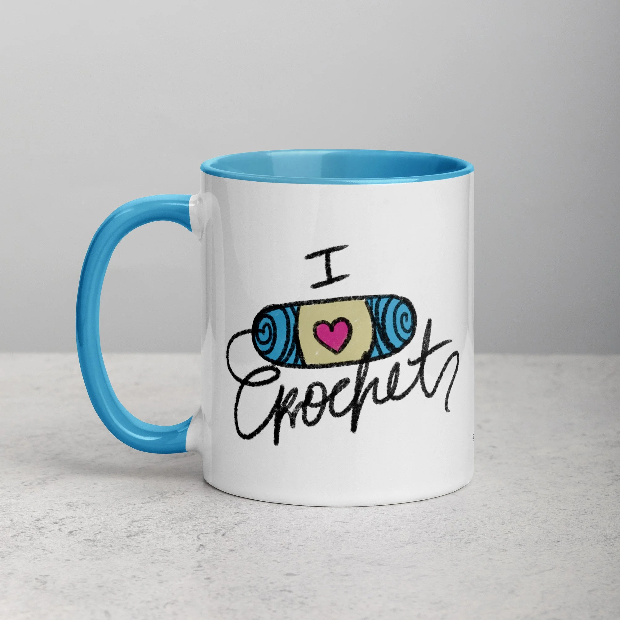 Blue "I Love Crochet" Mug with Color Inside