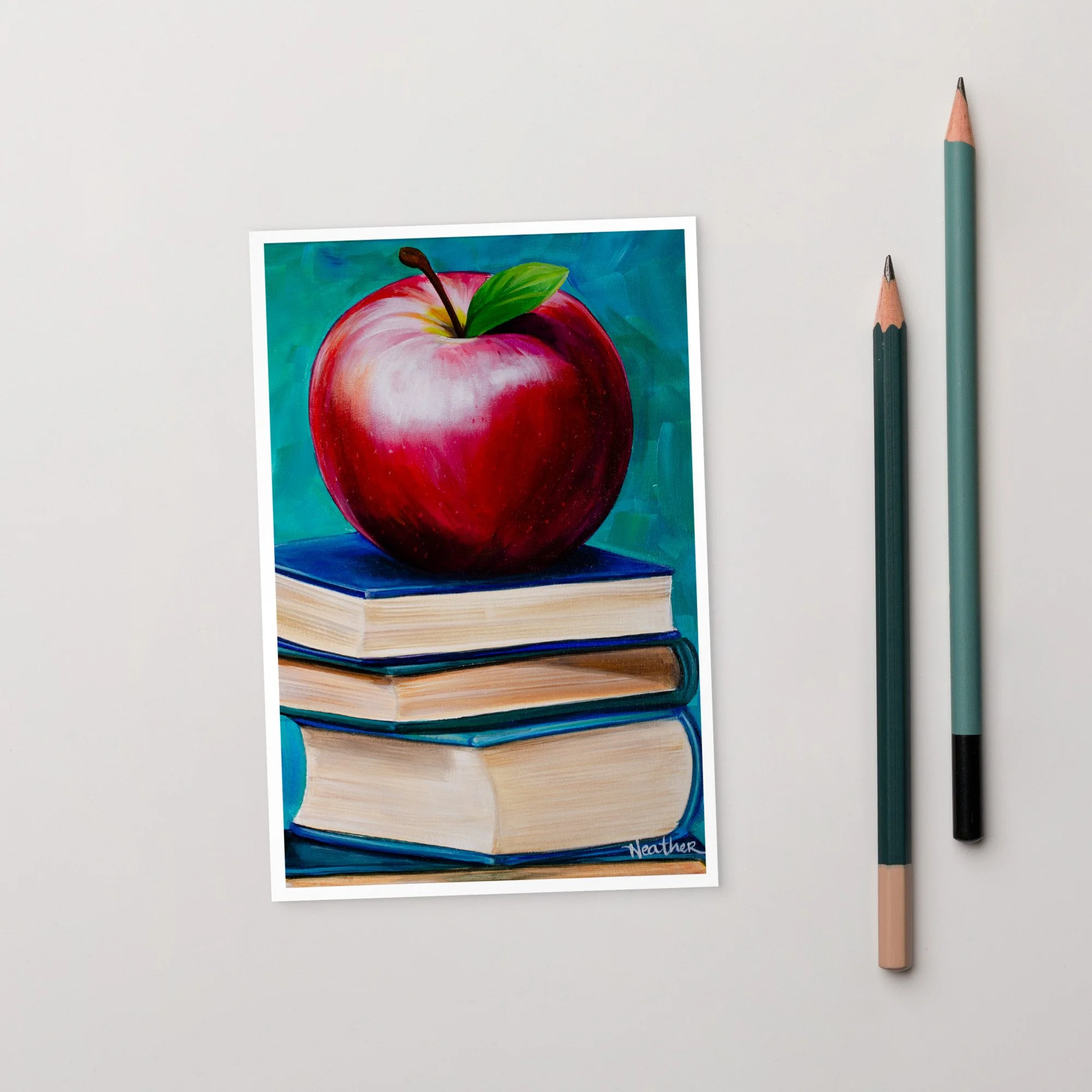 "Apple on Books" Postcard
