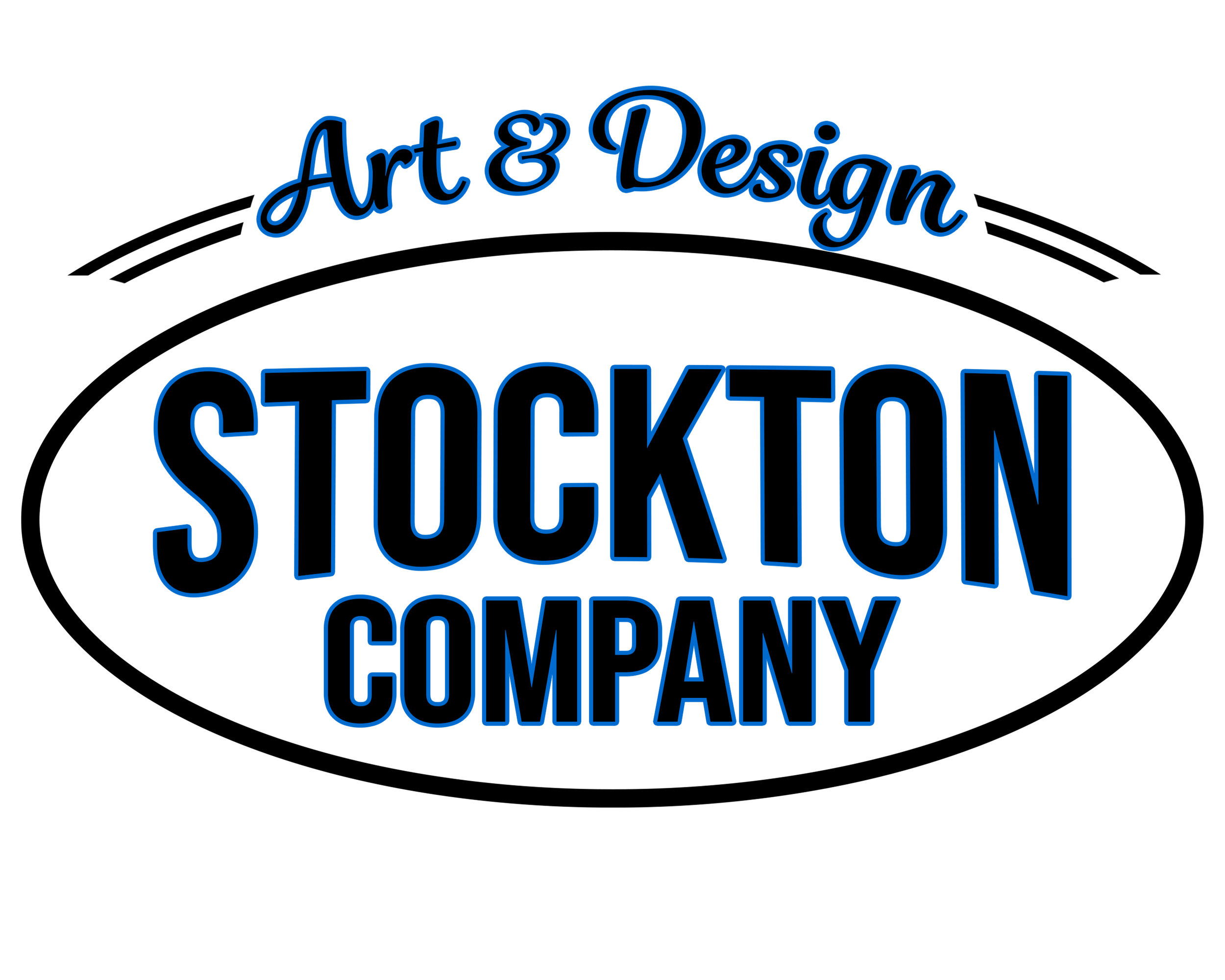 Neon sign with the text 'Art & Design' at the top, and 'STOCKTON COMPANY' in bold letters in the center, all in blue outline on a black background.