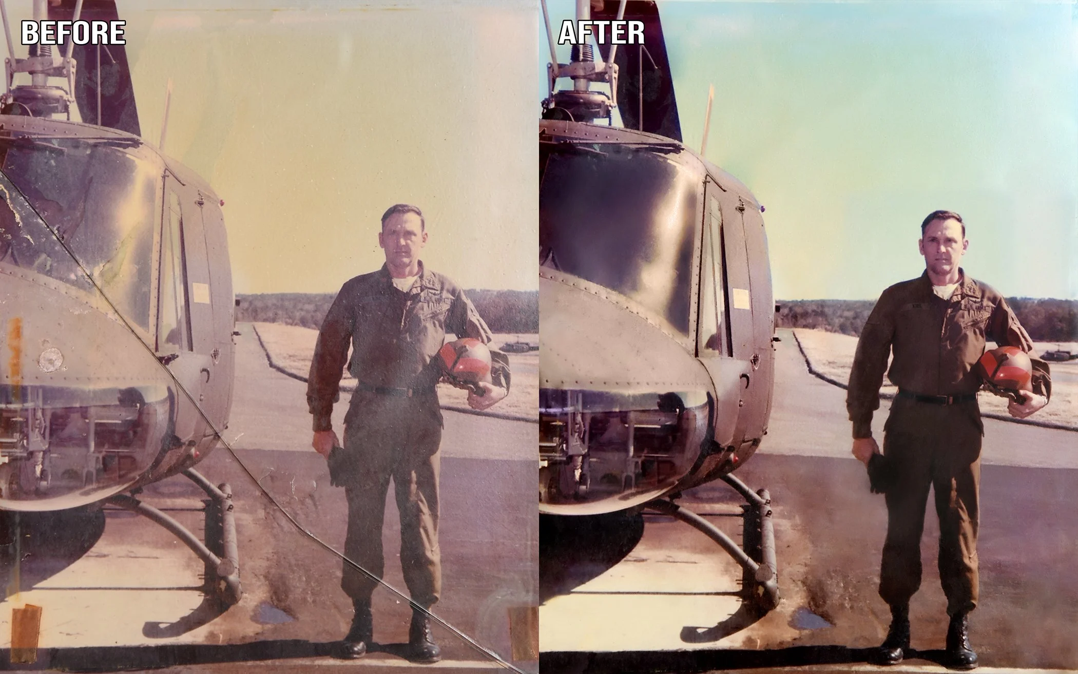 Damaged photo behind broken glass with water spots digitally restored to a cleaner color corrected version. 