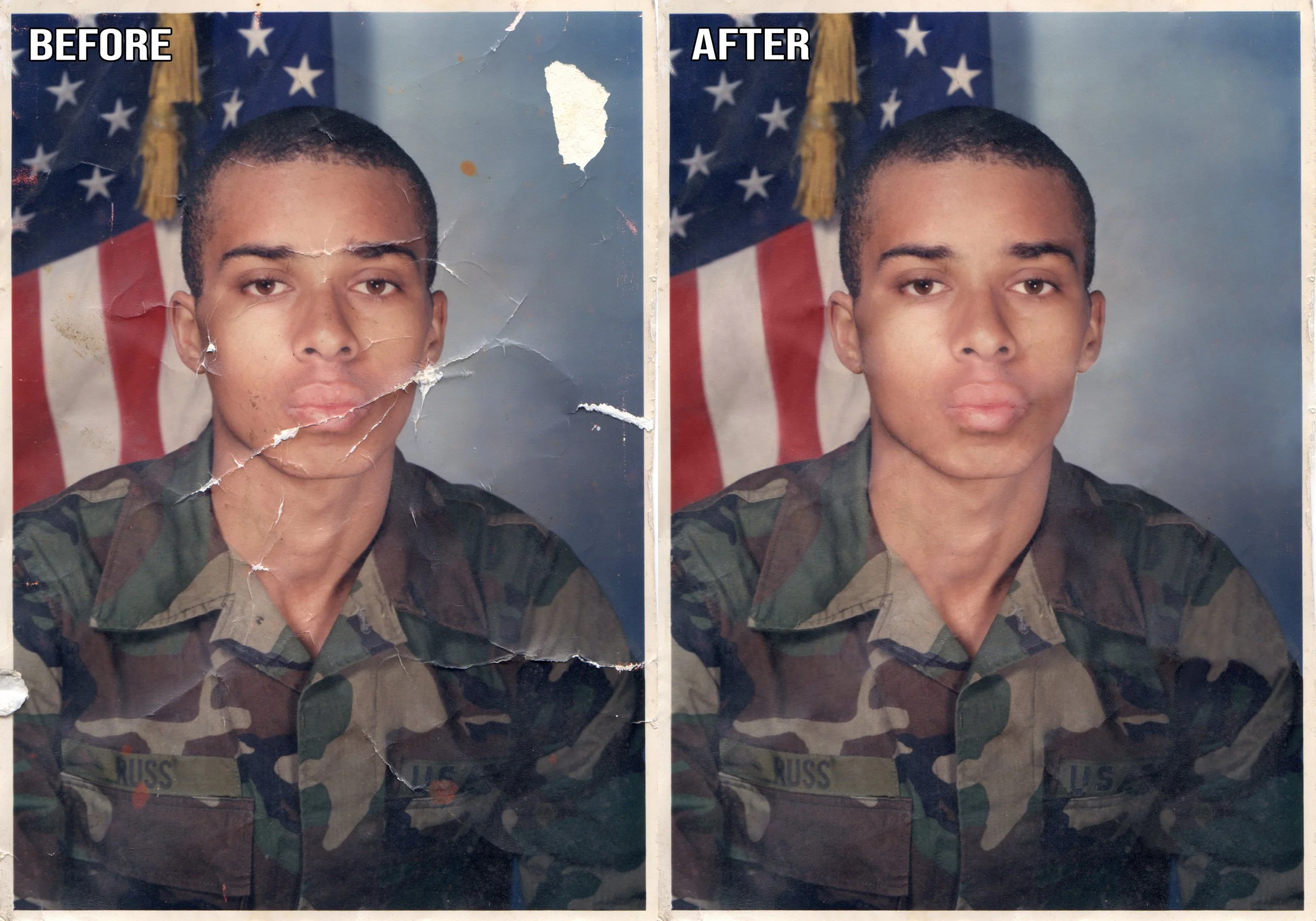 Damaged and torn military photo digitally restored before and after.