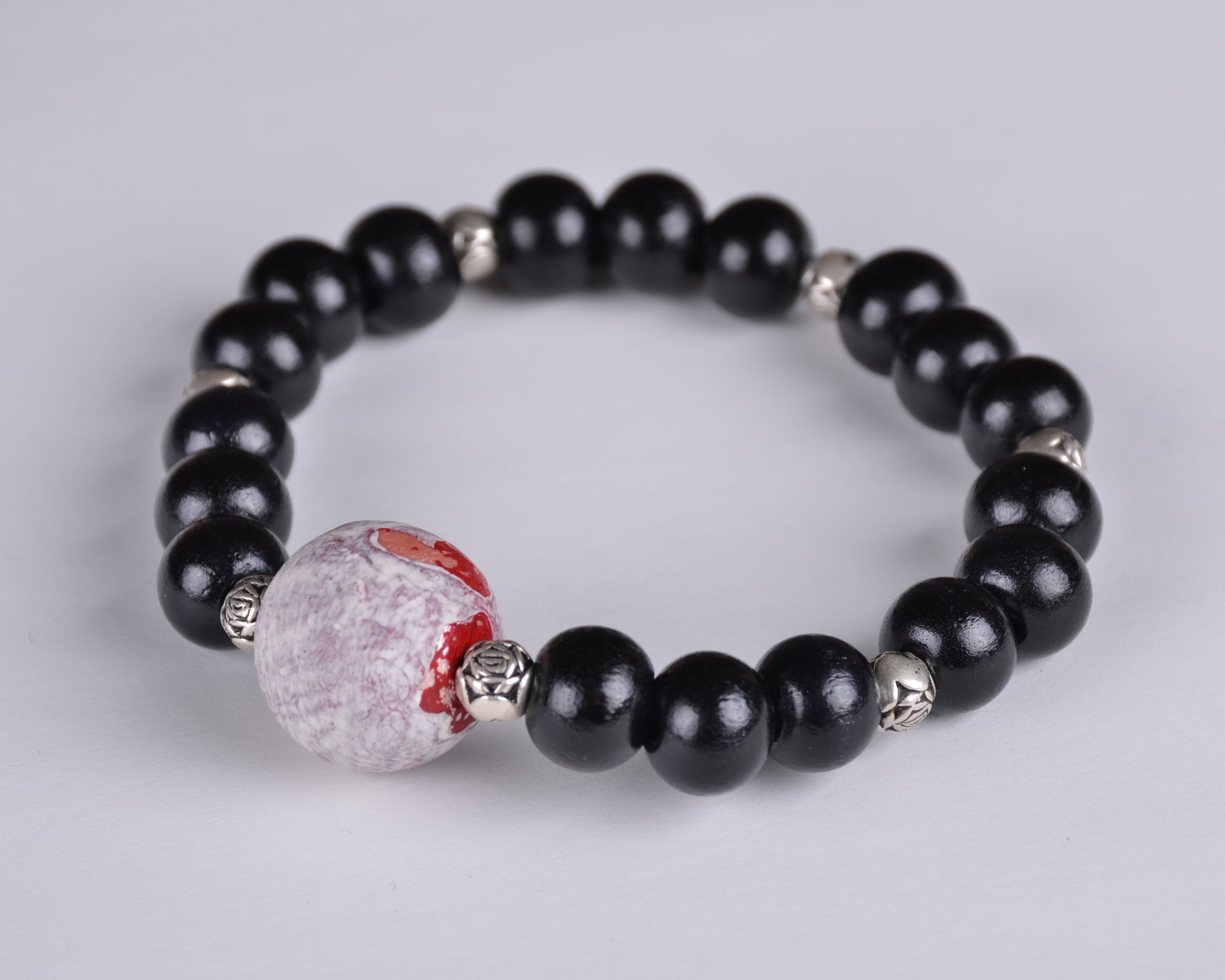 Black Wooden & Silver Rose Red Accent Bead Bracelet