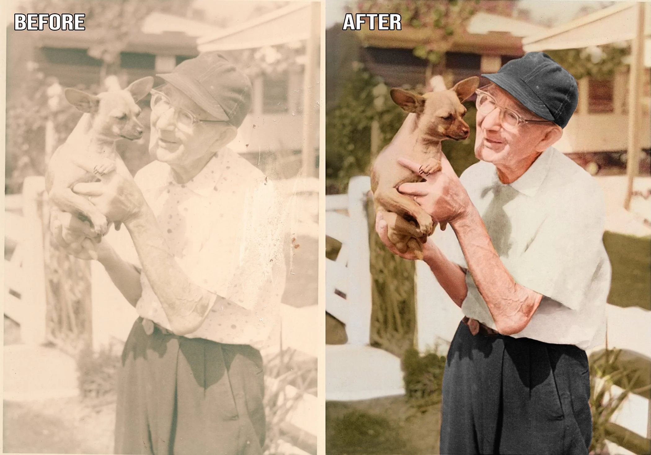 Dull and faded photo with water spots digitally restored into a colored and blemish free version.