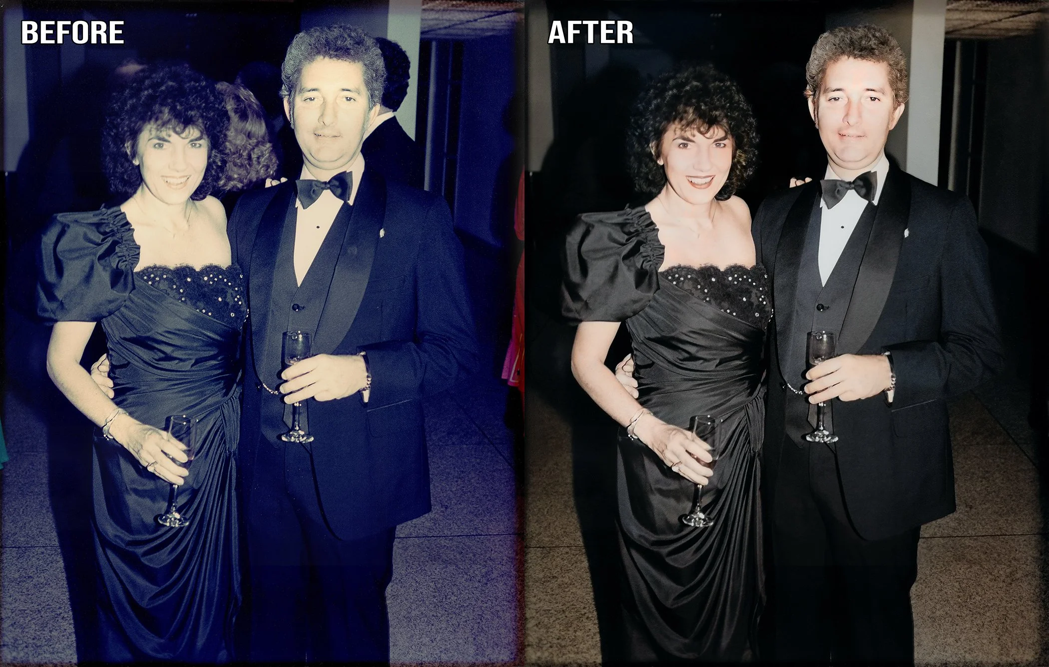 Sun faded photo of a couple that has been digitally restored with correct colors and clarity enhanced. 