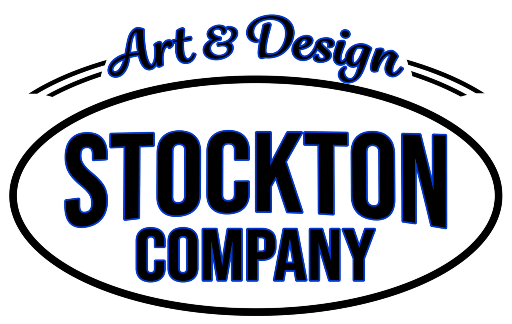 Logo for Stockton Company with the text 'Art & Design' above the name in black and blue.