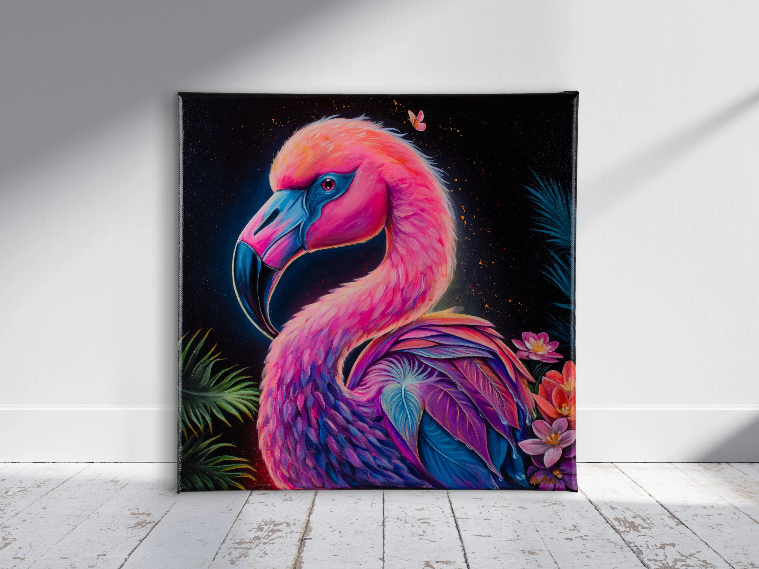"Neon Flamingo" (Original Acrylic Painting 14x14)