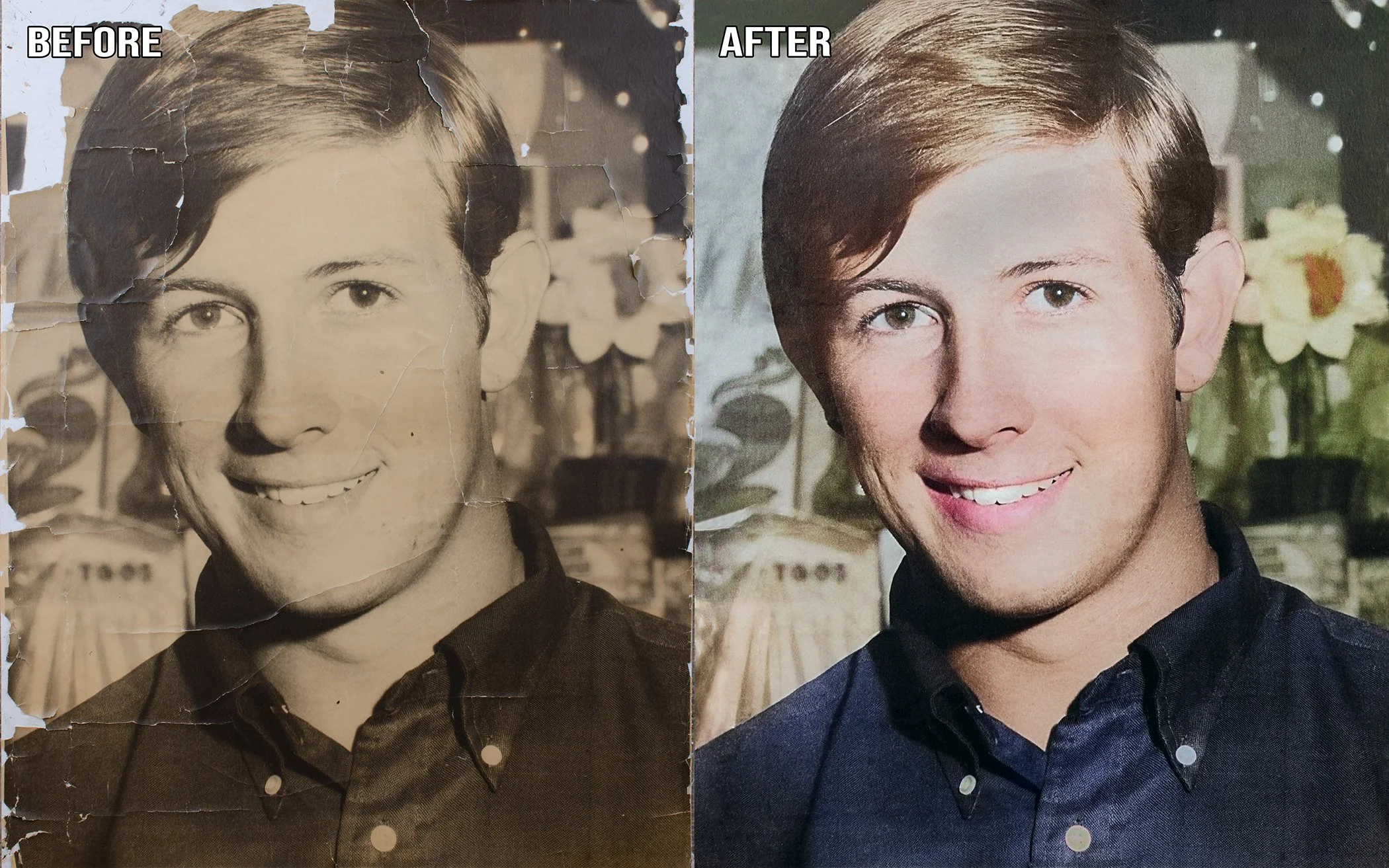 Damaged and torn sepia photo digitally restored without tears and recolored.