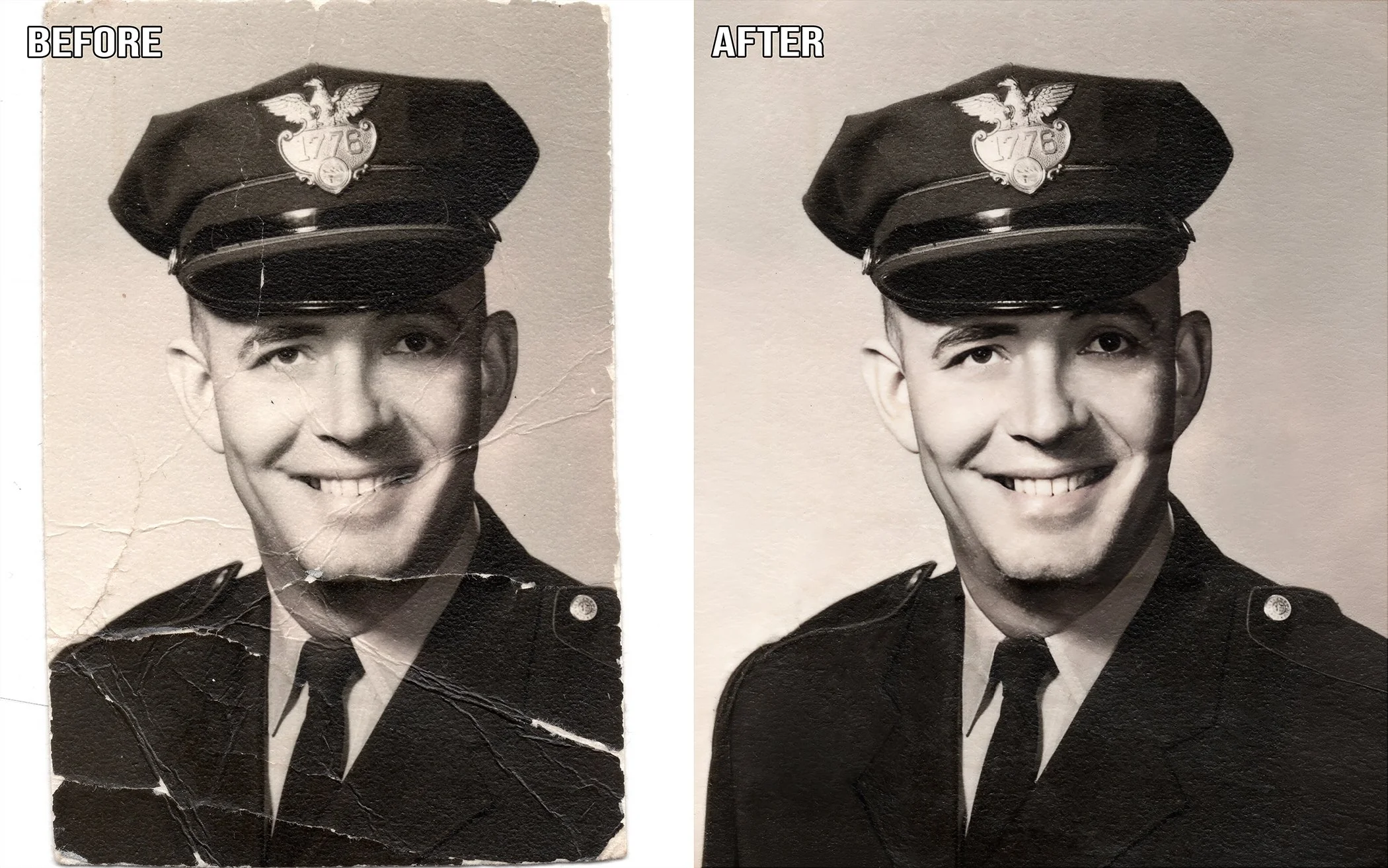 Damaged and torn photo of an officer that has been digitally restored and enhanced clarity. 