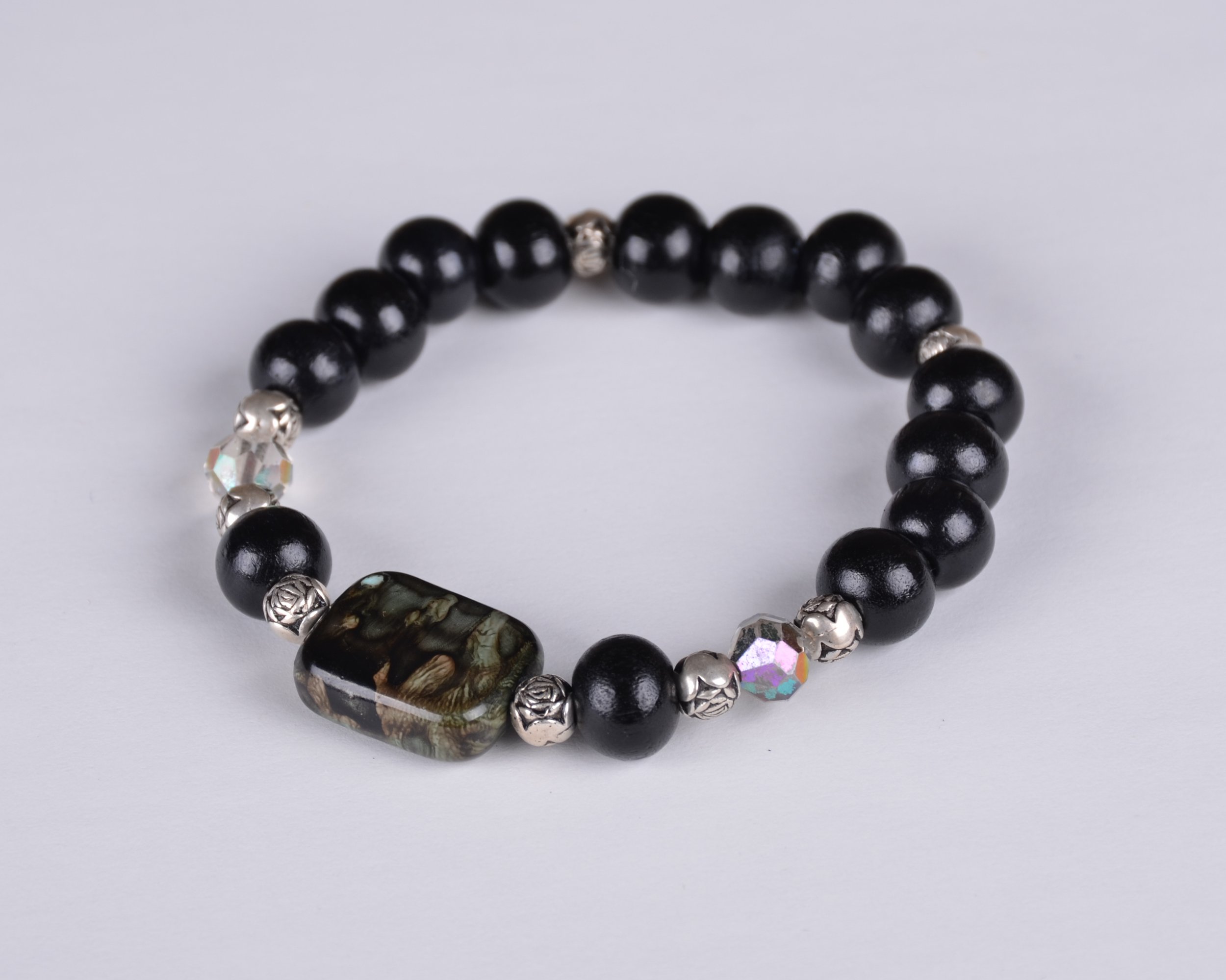 Black & Silver Rose Bead Bracelet with Accent Bead