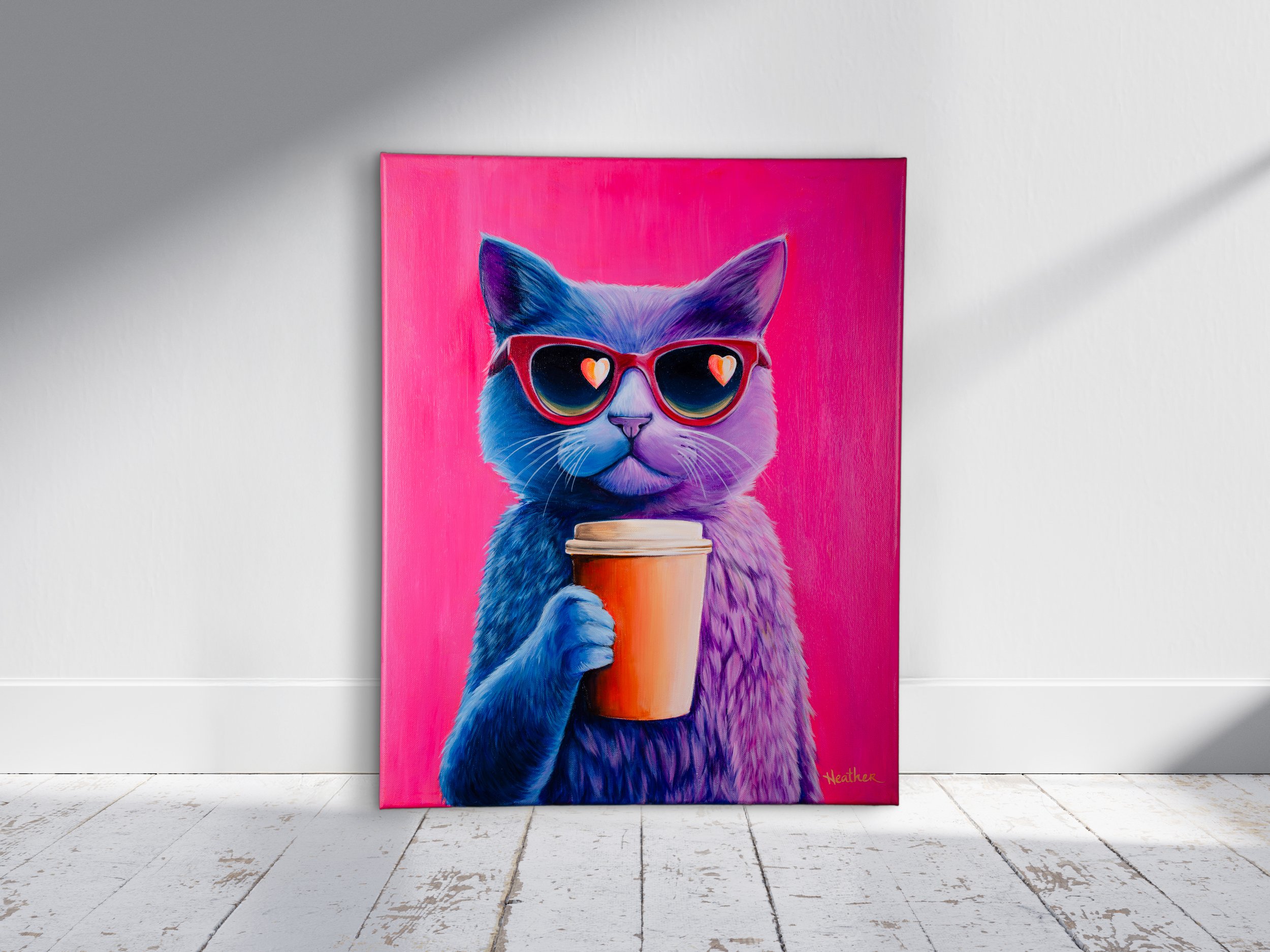 "Cat Sipping Coffee" (Original Acrylic Painting 16x20)