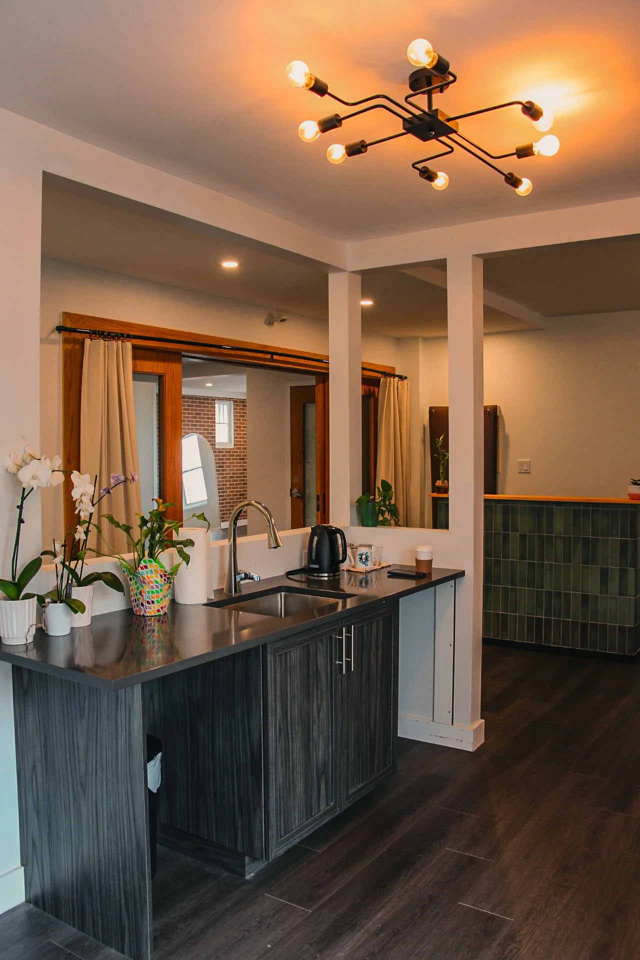 Modern kitchen with dark wood cabinets, a black countertop, a stainless steel sink, and various small appliances. Includes potted plants and orchids on the counter, open doorway with curtains, and warm ceiling lighting.