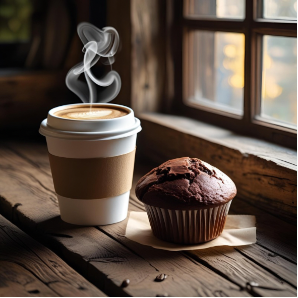 Delicious homemade muffins in chocolate or choc chip,  blueberry, apple and cinnamon. Also perfect coffee in latte, cappuccino long black and short black