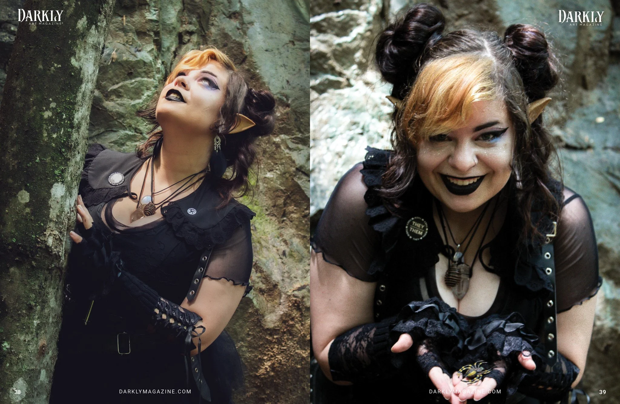 A woman with elf ears, gothic makeup, dark clothing, and jewelry in a forest setting, posing with her hands near a tree on the left side of the image. On the right, the same woman is smiling and holding a spider in her hands, with rocky terrain and greenery in the background.