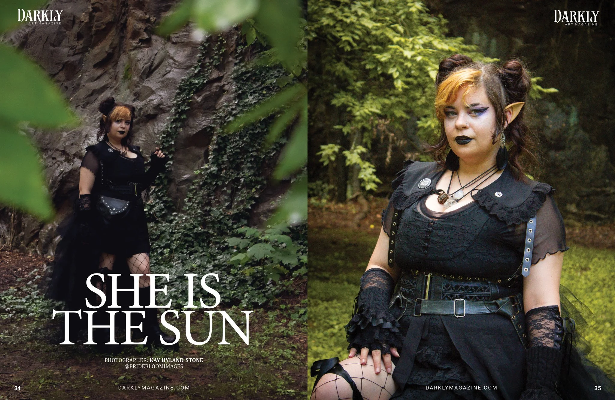 A young woman dressed in Goth style clothing with dark makeup, black lace gloves, and fantasy-inspired accessories poses in a forest setting with lush green foliage and rocks. The left side of the image shows her standing near a rocky cliff with vines, and the right side features a close-up shot of her sitting on the ground with her hands resting on her knee, wearing a black dress with lace and leather details.