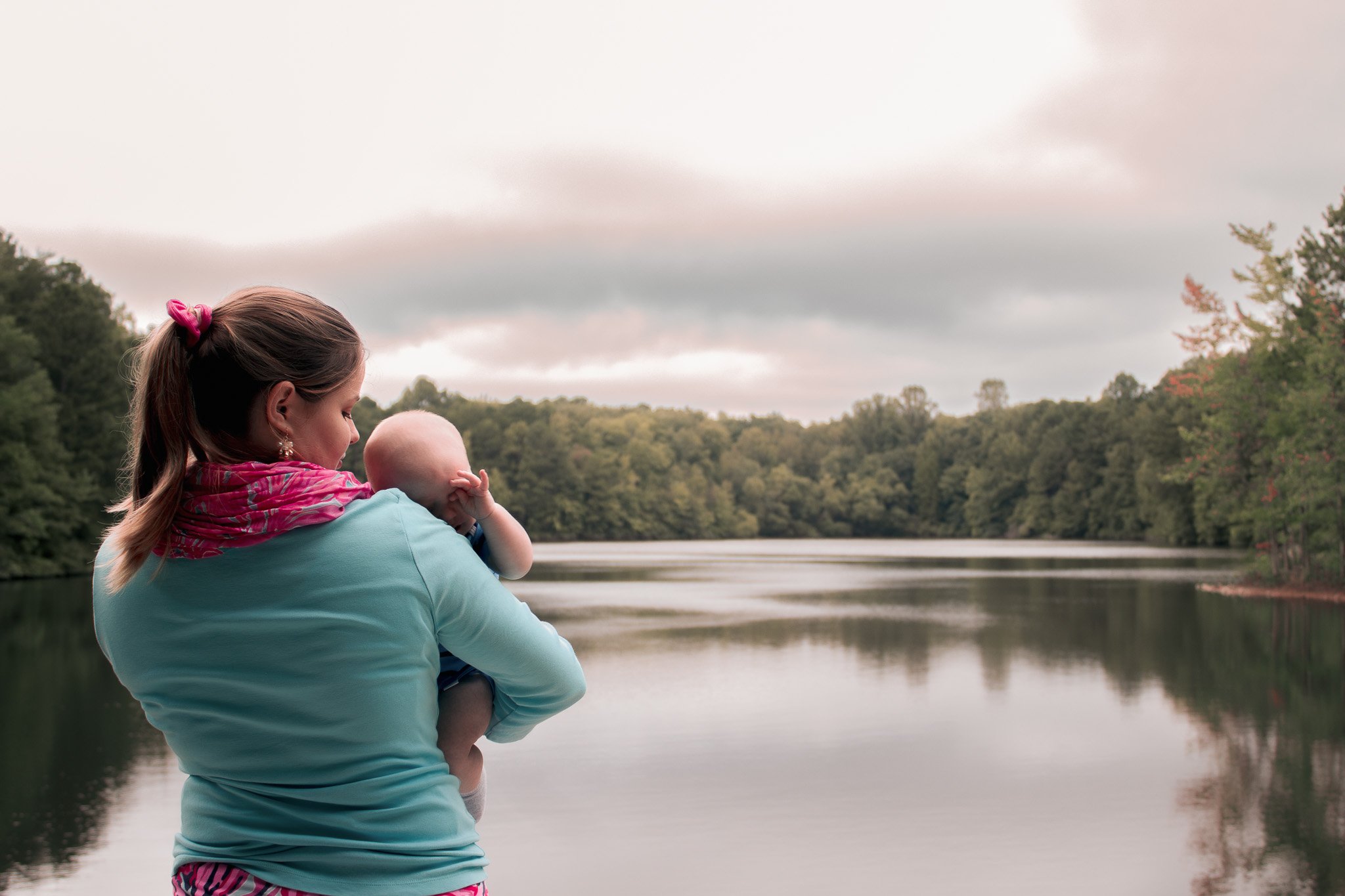 mother and baby, outdoor, lake, peaceful