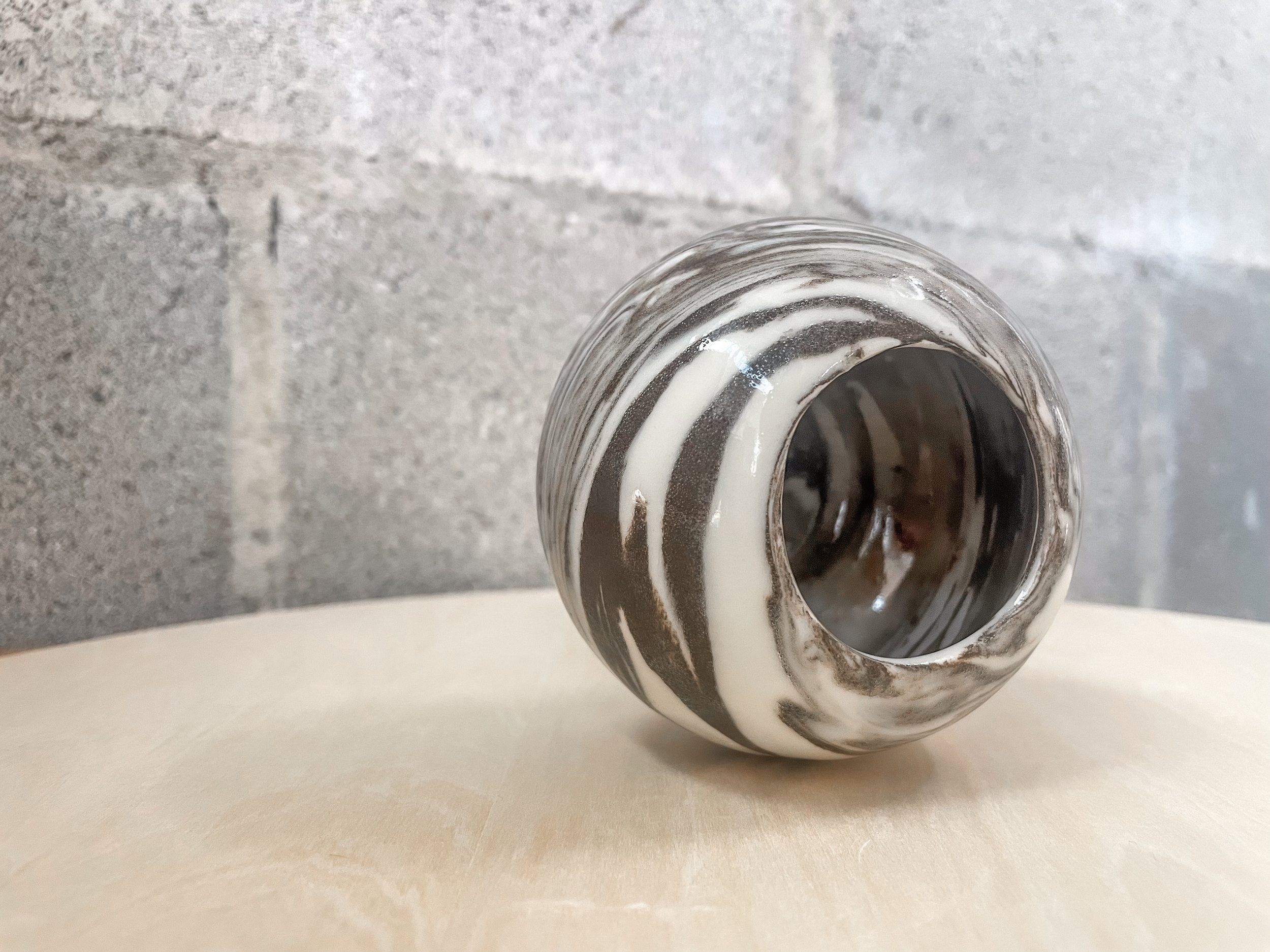 wheel-thrown stoneware flower vase in marbled clay, Scandinavian minimal design