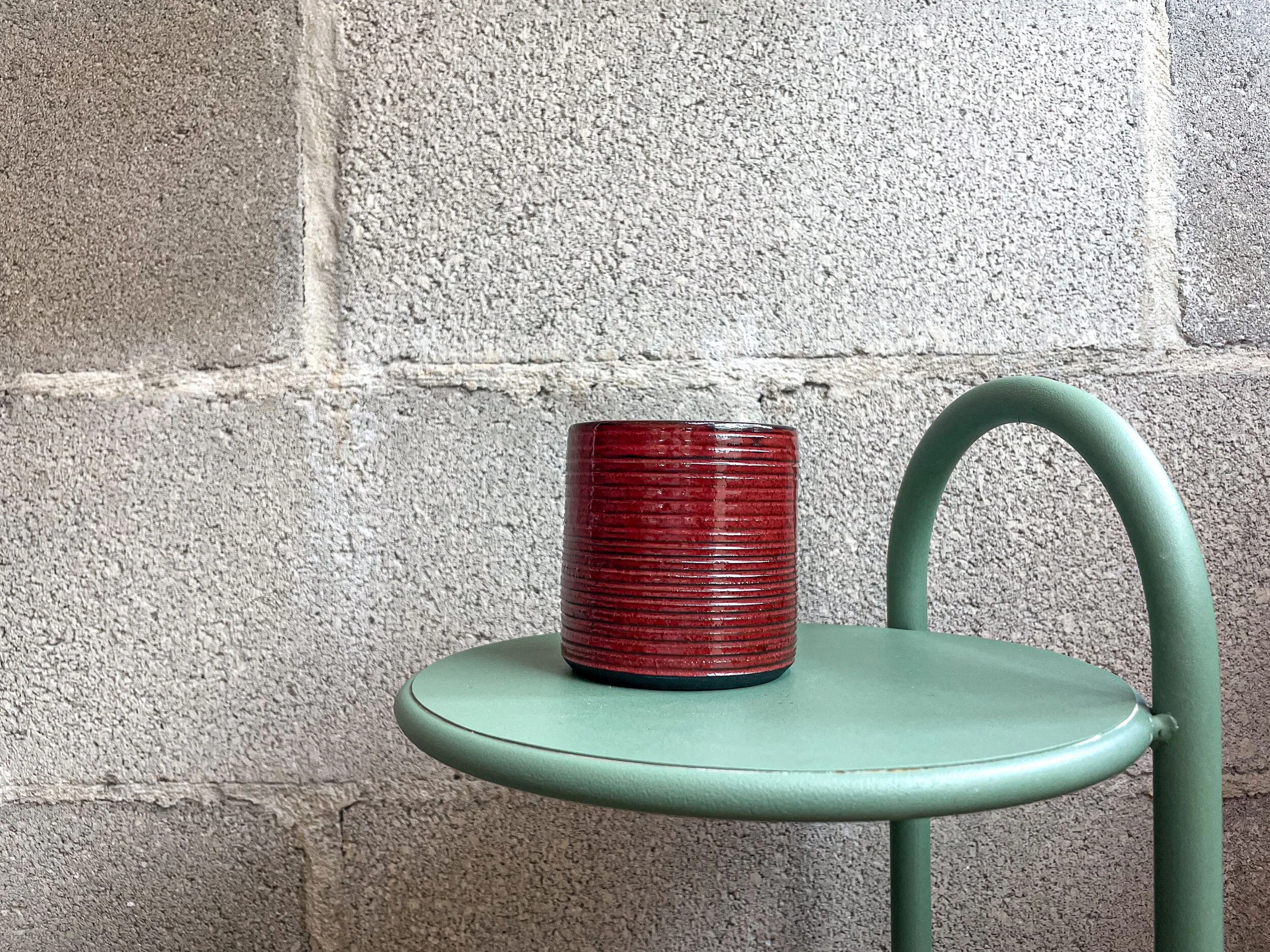 hand-glazed ceramic coffee mug in glossy red, punk minimal aesthetic, Auburn Alabama