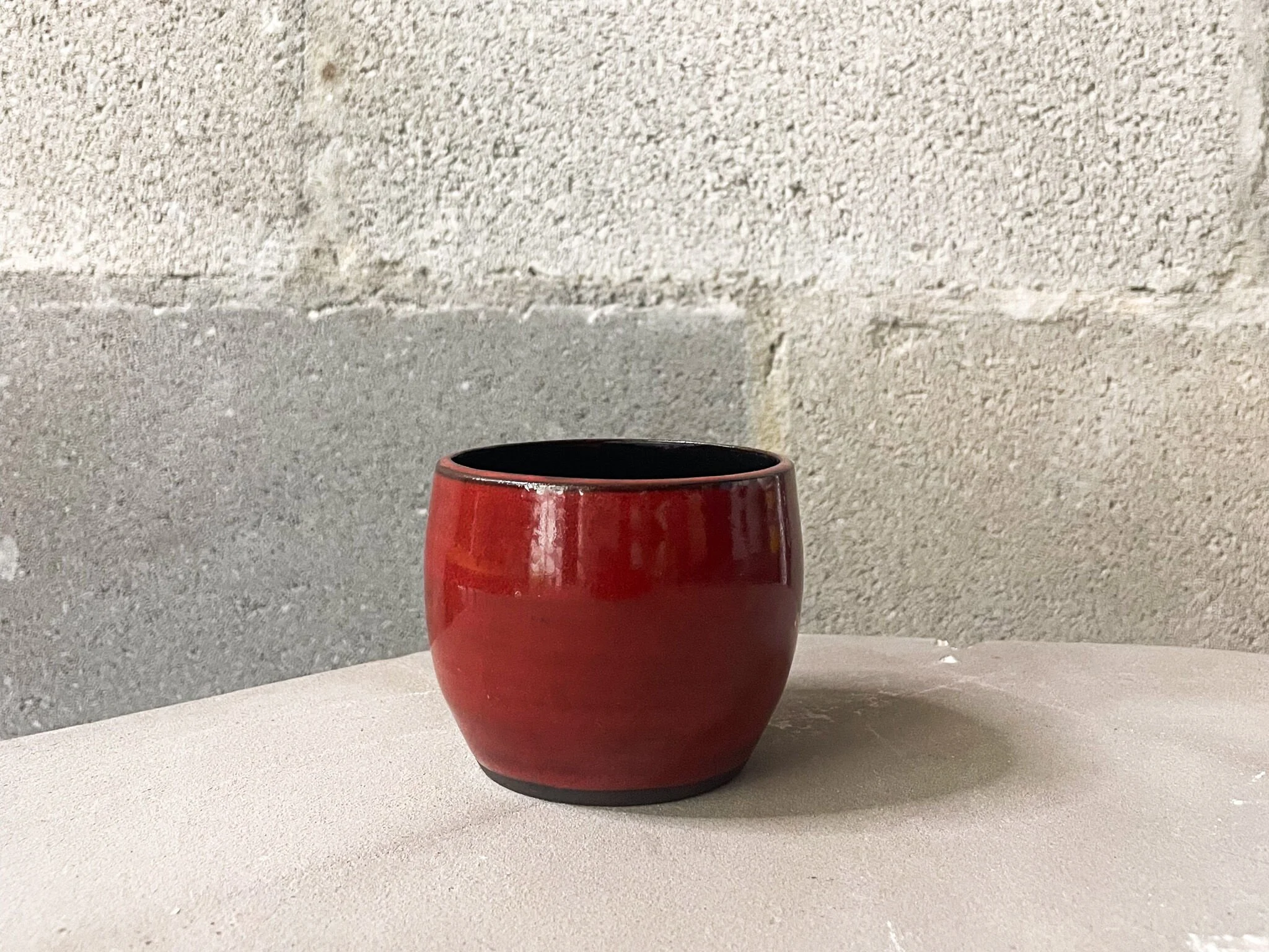 wheel-thrown stoneware espresso cup in rich red with black interior, brutalist design, Wrecked Works
