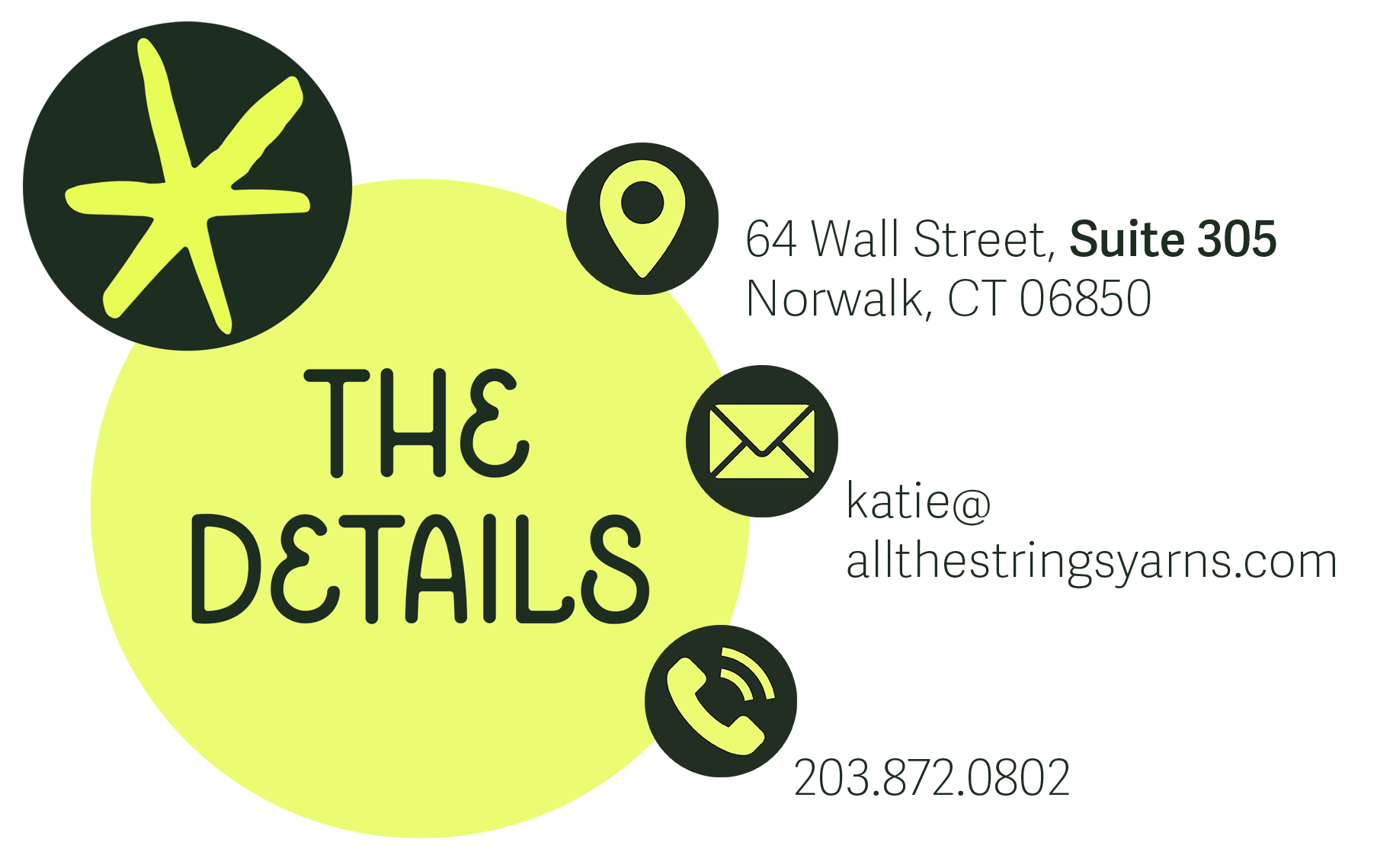 Contact information card for The Details, featuring the company's logo, address at 64 Wall Street, Suite 305, Norwalk, CT 06850, email Katie@allthestringsyarns.com, and phone number 203.872.0802. The card has icons for location, email, and phone, with the text "THE DETAILS" in the center.