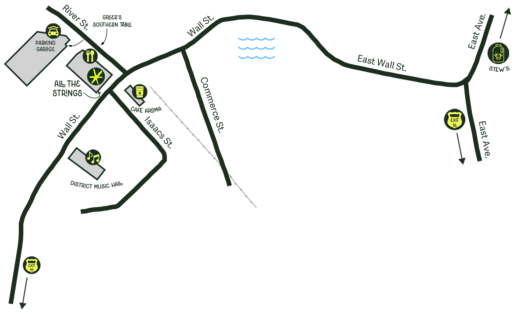 Map of a town featuring roads, buildings, and landmarks including a parking garage, restaurant, cafe aroma, district music hall, and three highway exits, with a small illustration of water and directional routes.