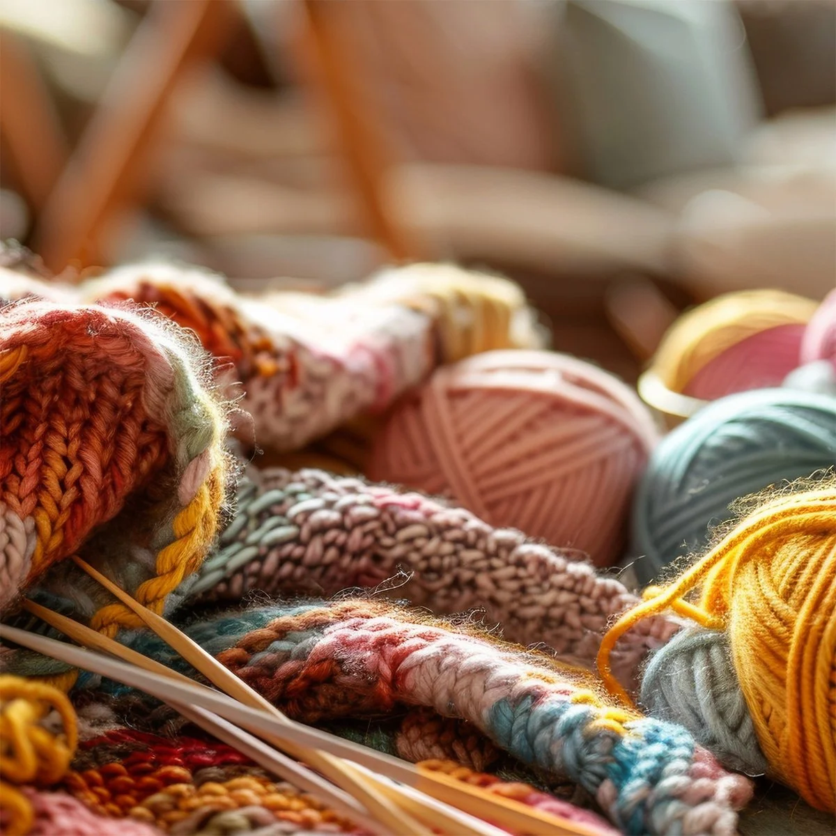 Close-up of colorful yarn balls and knitting needles on a craft table.
