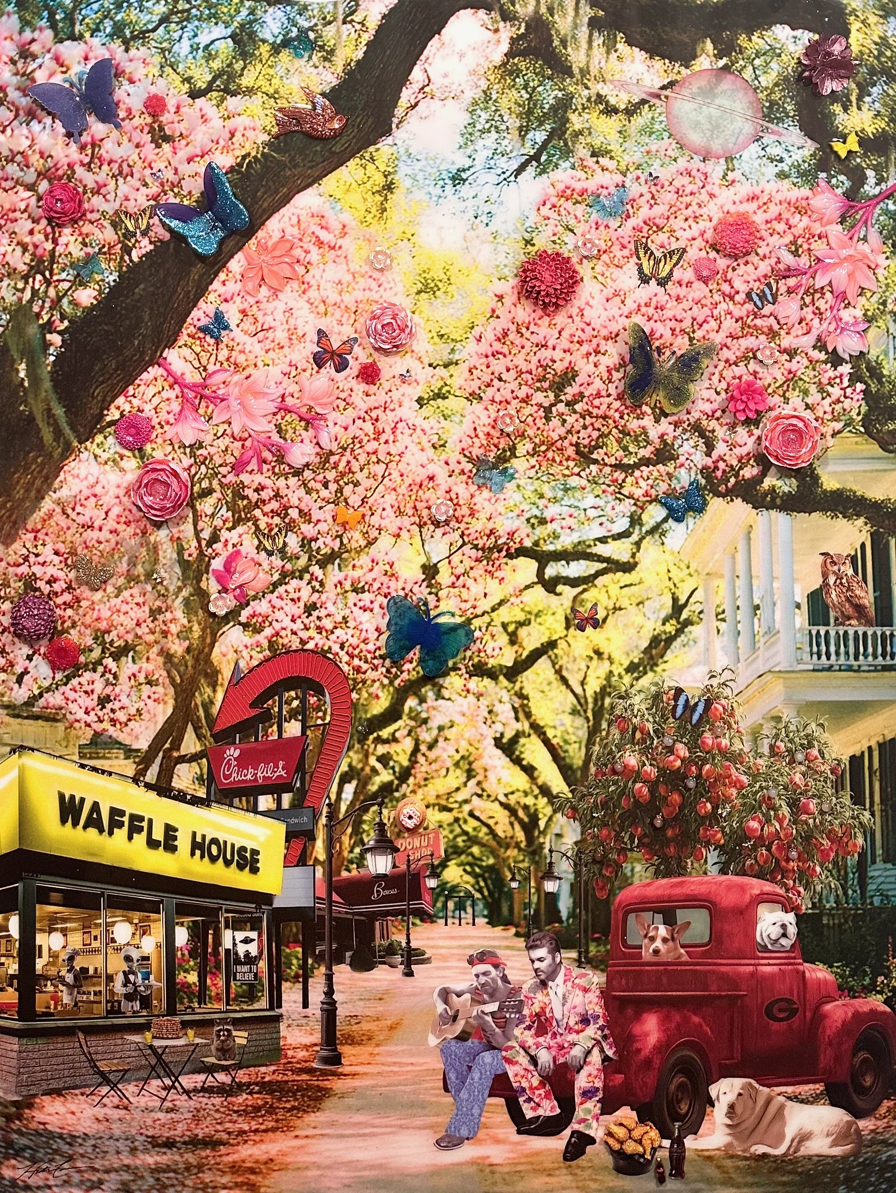 Georgia on My Mind is a 48 × 36 × 1.5-inch custom mixed-media artwork by Dallas-based contemporary artist Hunter Connor. Flowering trees, Waffle House imagery, nostalgic vehicles and personal photographs create a richly layered portrait of Georgia, p