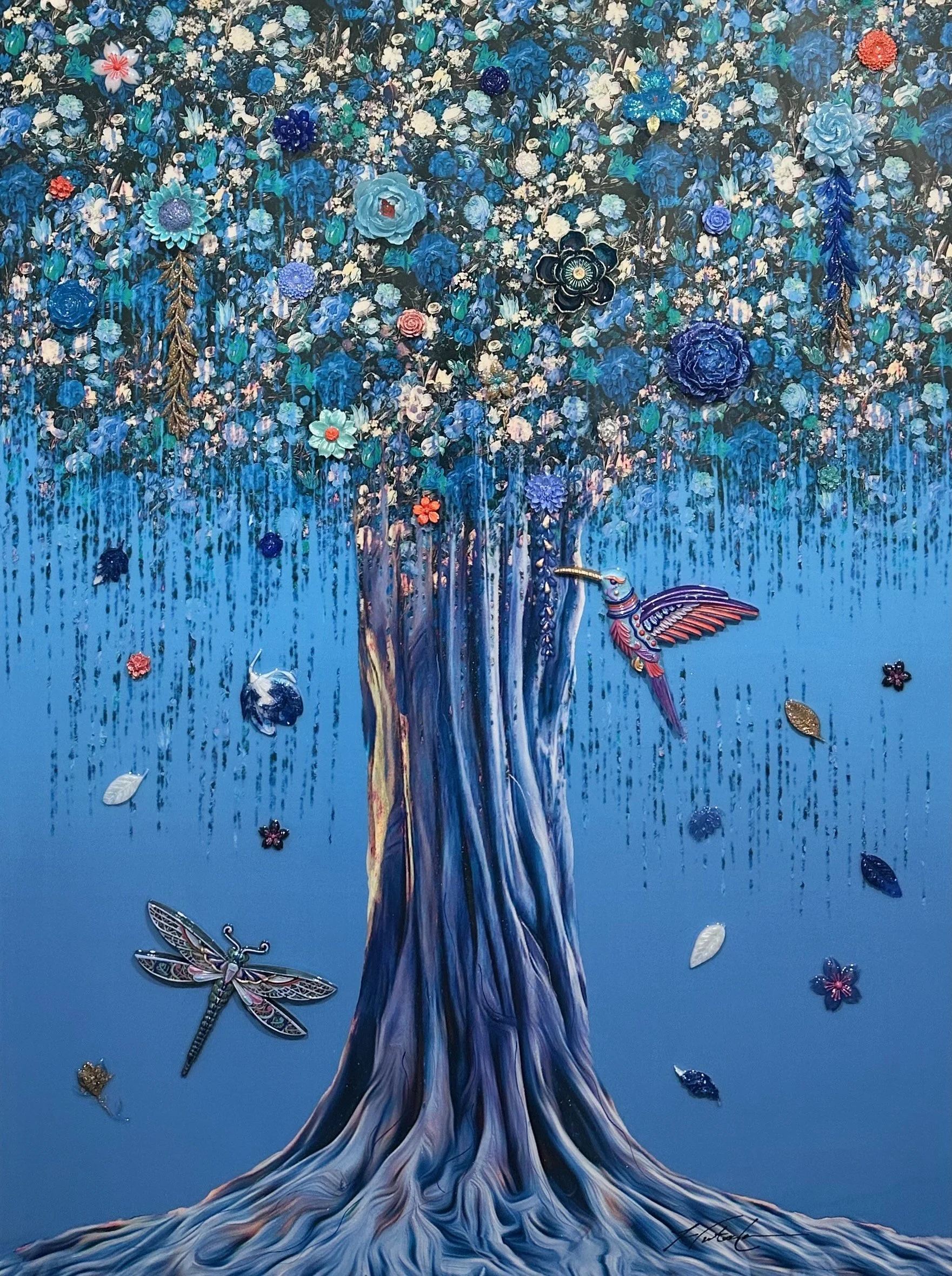 The first in the Blue Willow series, this 48x36x1.5" acrylic painting evokes serenity and rebirth through deep sapphire and silver tones. The abstract tree of life symbolizes renewal, harmony, and peace—an elegant expression of nature in motion by co