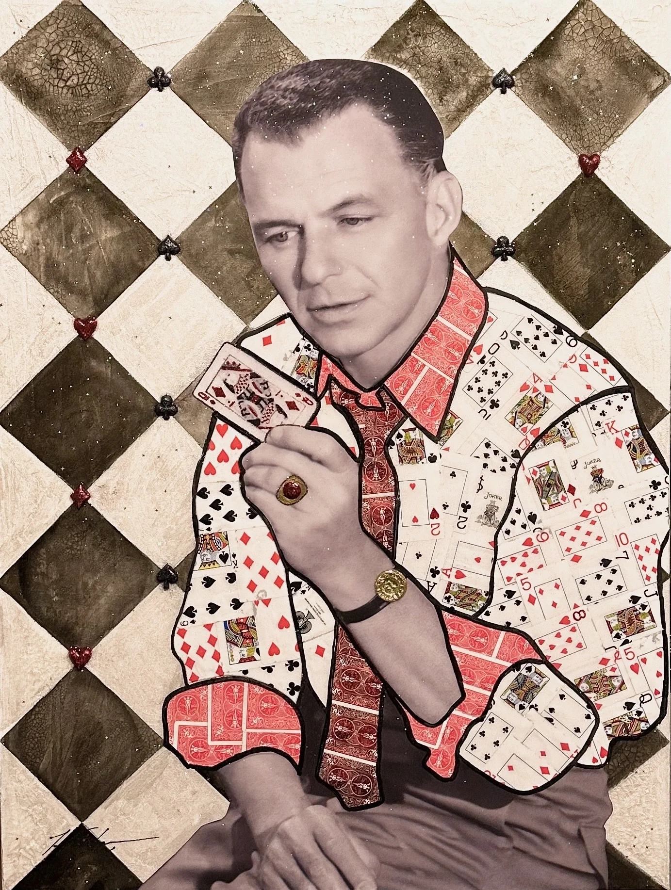 Poker Face is a 40 × 30-inch original mixed-media artwork depicting legendary singer and actor Frank Sinatra. Hunter Connor combines detailed portraiture, playing-card patterns and luxury-inspired elements to celebrate Sinatra’s timeless music, sophi