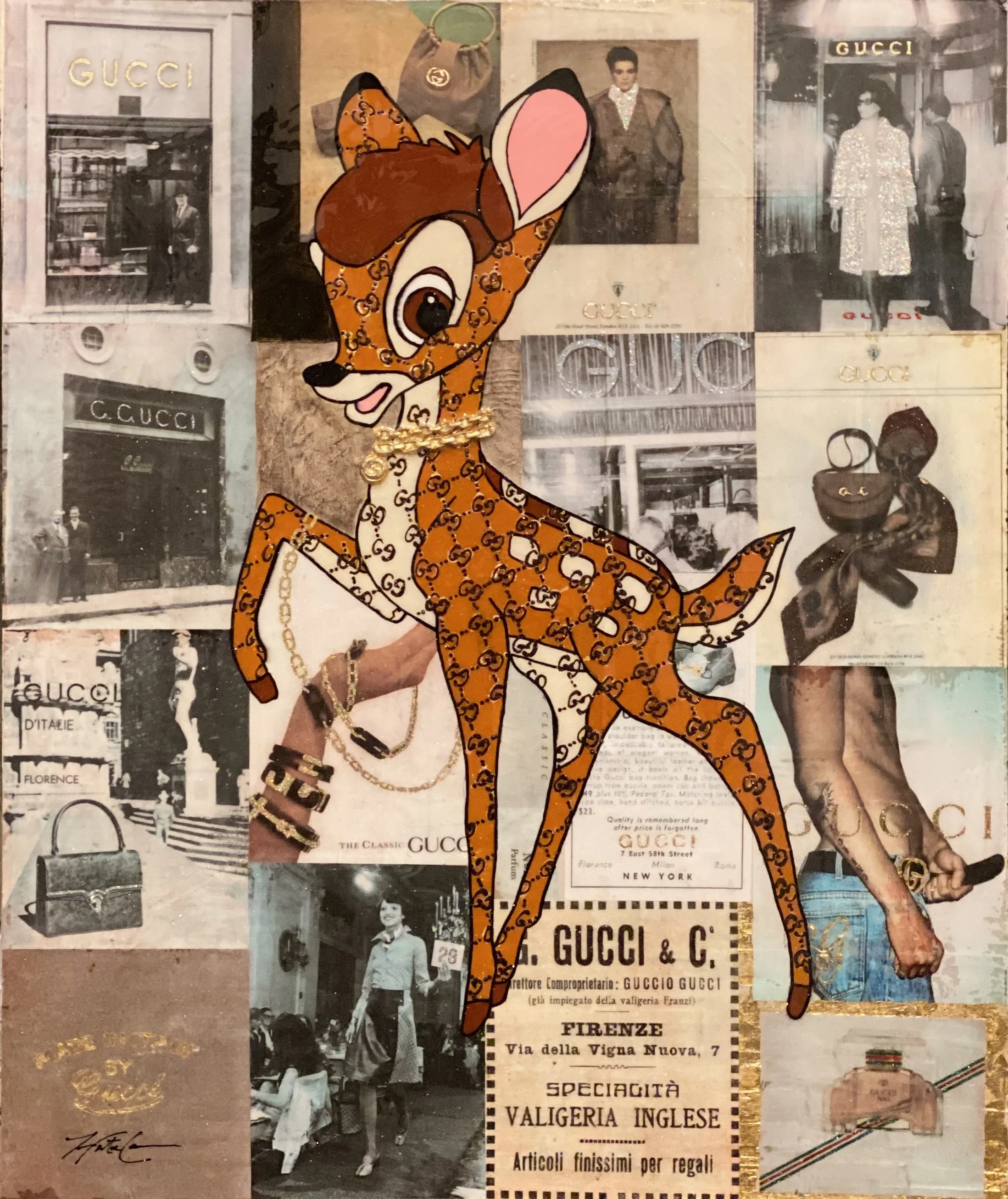 Fawning Over Gucci — 24 × 36 inches. Inspired by the timeless innocence of an animated woodland fawn, this original mixed-media artwork combines nostalgic character imagery with Gucci patterns and couture styling. Hunter Connor transforms a familiar 