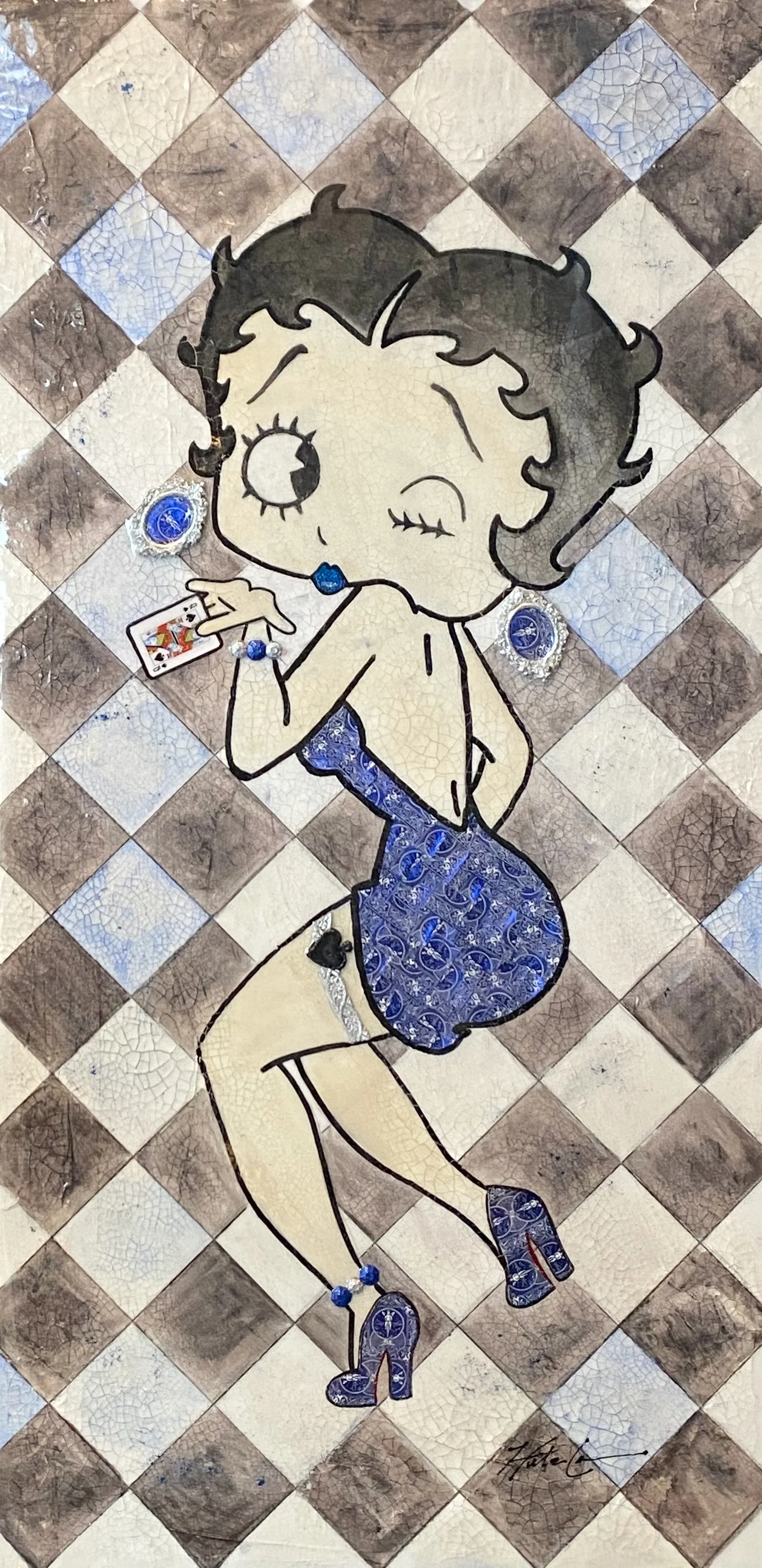 Quite the Draw — 24 × 18 inches. Inspired by Betty Boop and her enduring place in American animation, this original mixed-media artwork combines vintage cartoon charm with playful patterns and contemporary embellishments. Hunter Connor reimagines the