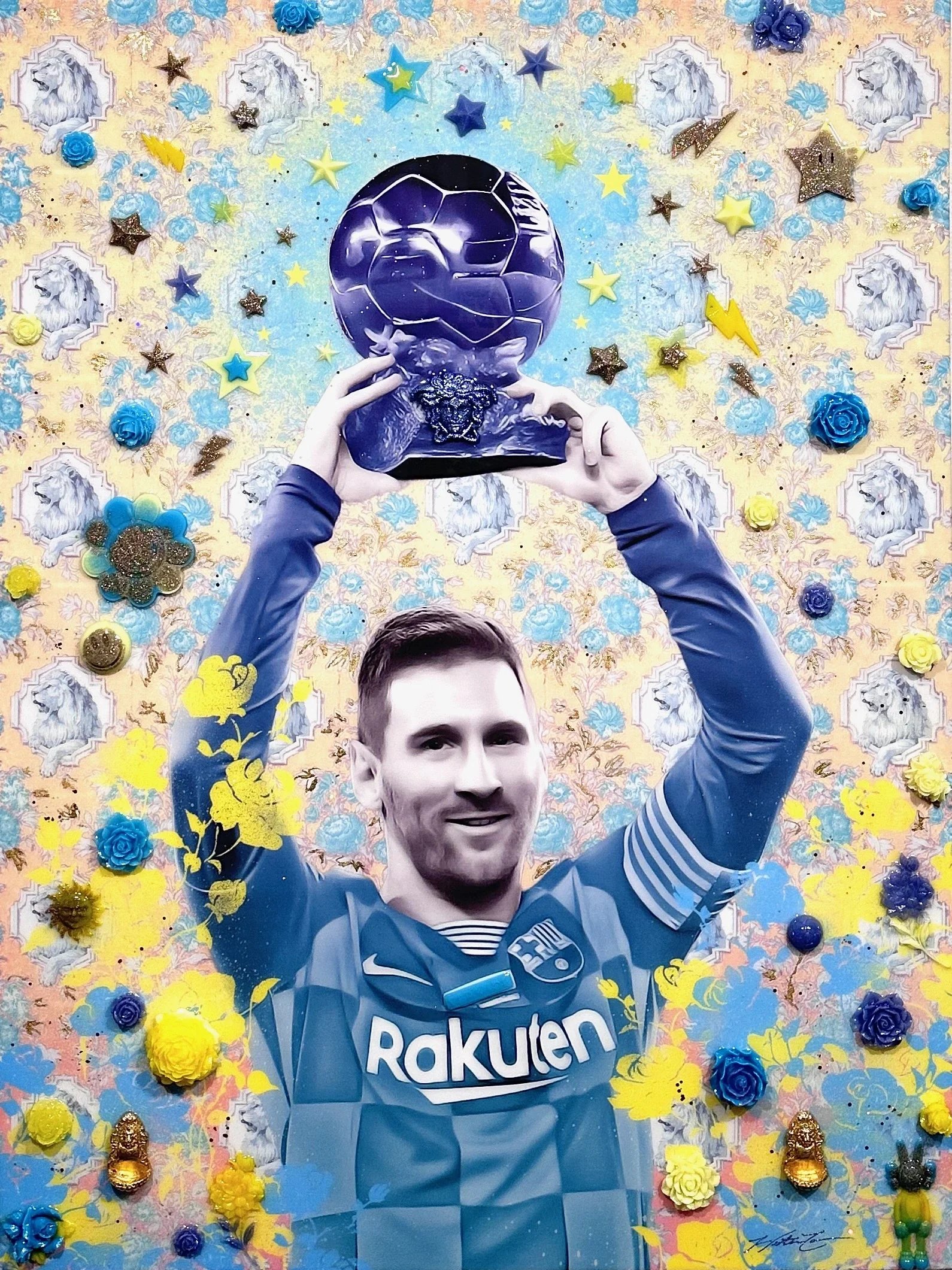 The Leo — 40 × 30 × 1.5 inches. Inspired by Lionel Messi, FIFA World Cup champion and eight-time Ballon d’Or winner, this mixed-media artwork celebrates one of the most accomplished soccer players in history through bold color, celestial symbolism an