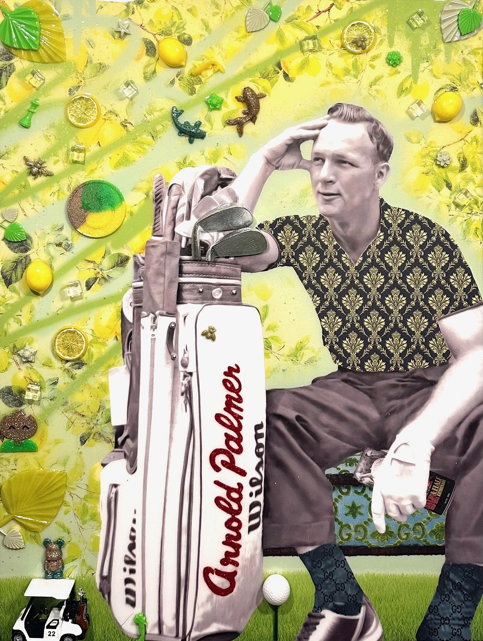Half & Half — 40 × 30 × 1.5 inches. Inspired by Arnold Palmer, the seven-time major champion whose charisma helped transform professional golf, this mixed-media artwork combines his unmistakable image with golf symbolism and playful citrus references