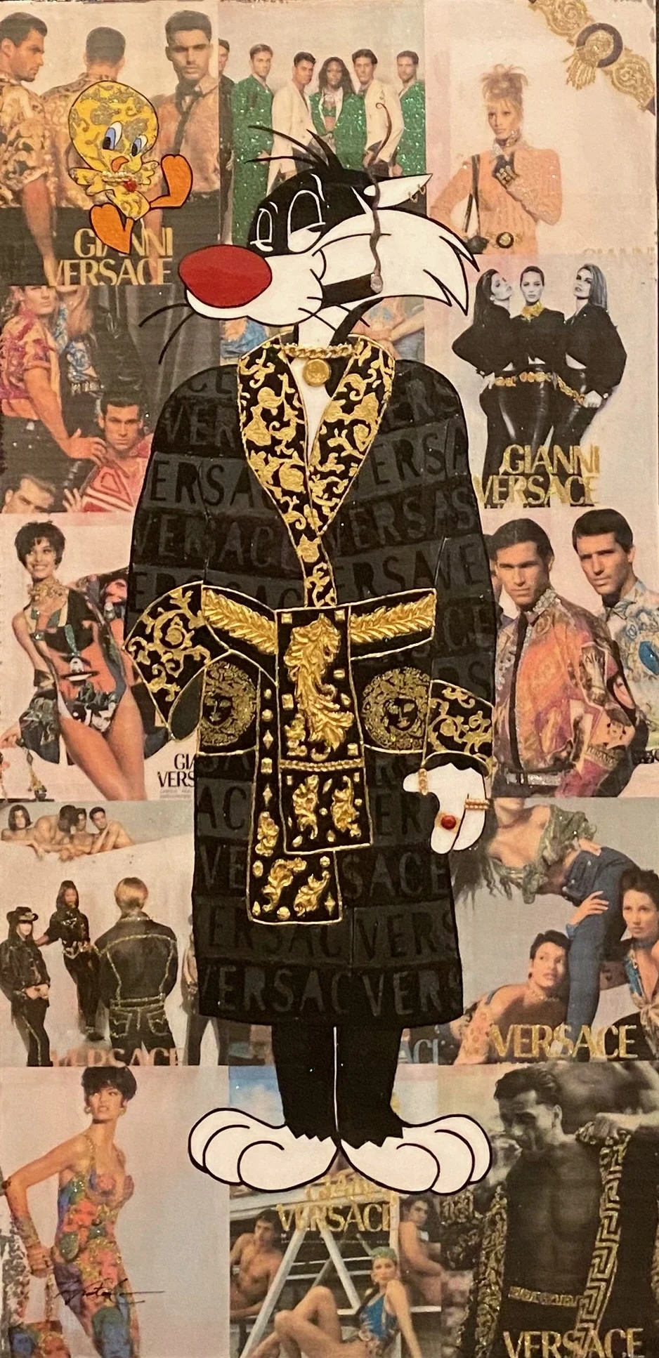 Very Versace of You — 40 × 30 inches. Inspired by Sylvester the Cat, this original mixed-media pop artwork pairs classic Looney Tunes nostalgia with the unmistakable glamour of Versace. Layered fashion imagery, ornate details and gold accents transfo